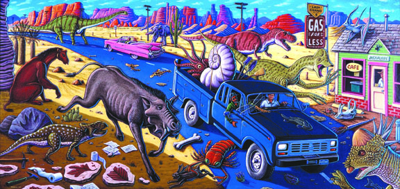Ray Troll — depicted in the pickup truck's passenger seat — created the scenes in “Cruisin' the Fossil Freeway