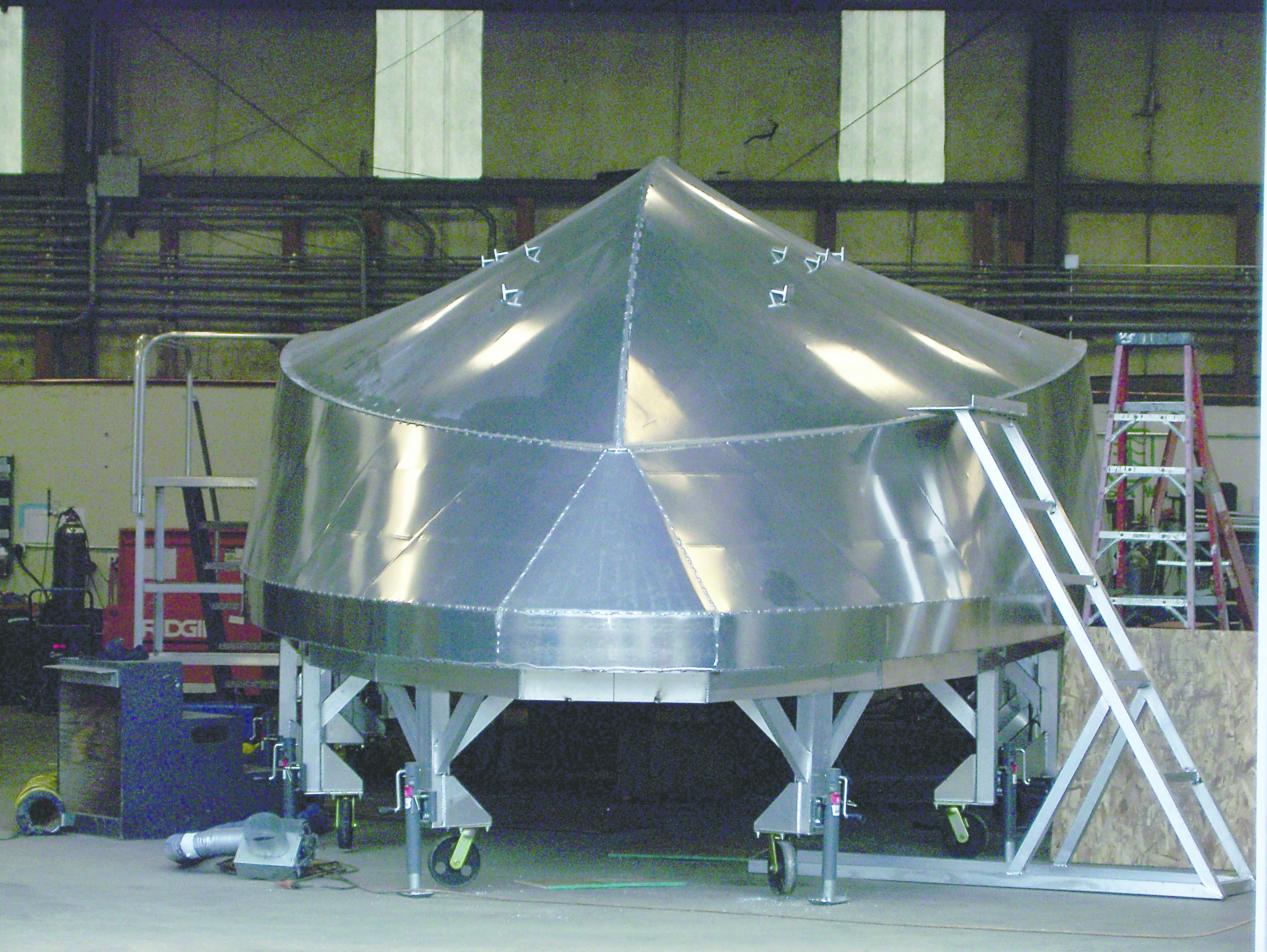 The hull of one of Lee Shore Boats' 45-foot aluminum utility boats sits on a special jig that rests on numerous legs with casters David G. Sellars/for Peninsula Daily News