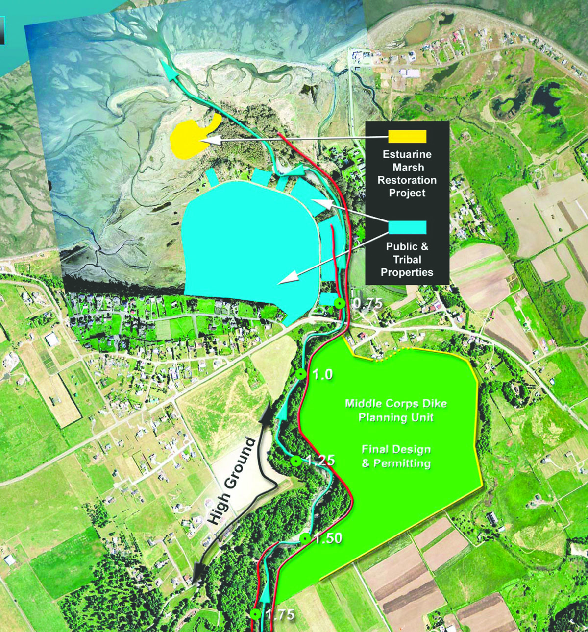 The Strait of Juan de Fuca is seen at the top of this aerial shot