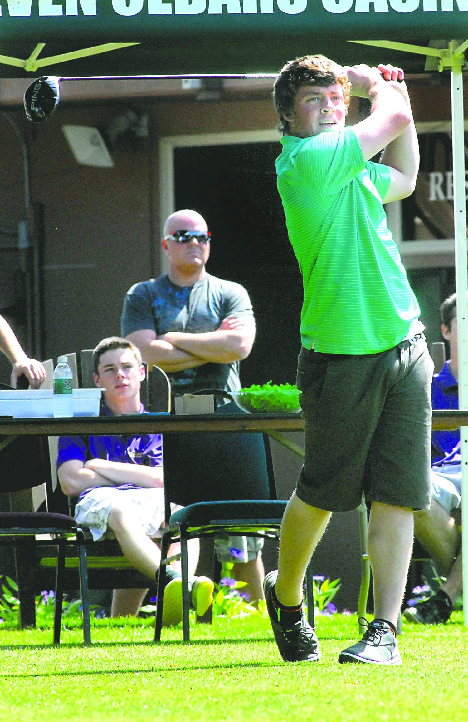 Port Angeles junior Alex Atwell tees off at the Olympic League Championship at the Cedars at Dungeness in Sequim. Atwell is the MVP of the Peninsula Daily News All-Peninsula boys golf team. Keith Thorpe/Peninsula Daily News
