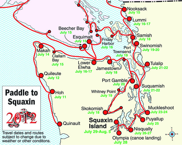 This map shows the route that the canoes will take