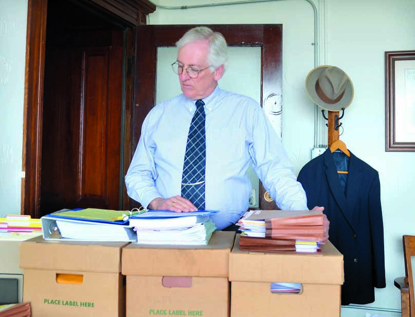 Jefferson County Prosecuting Attorney Scott Rosenkrans with files from the Michael Pierce trial. Charlie Bermant/Peninsula Daily News