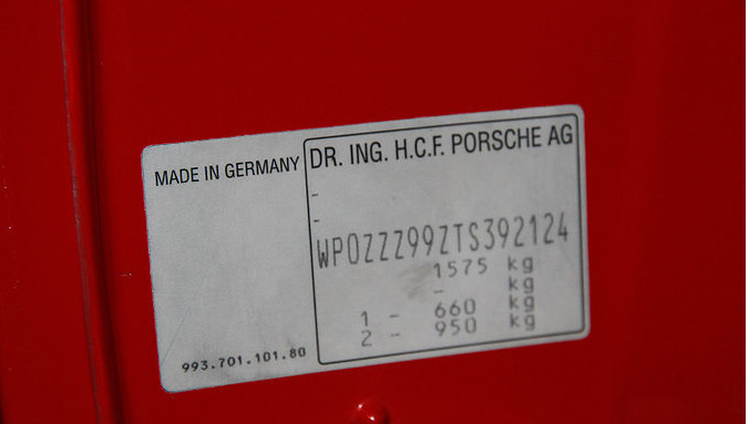 The tag that shows the VIN on a 1996 Porsche. Wikipedia