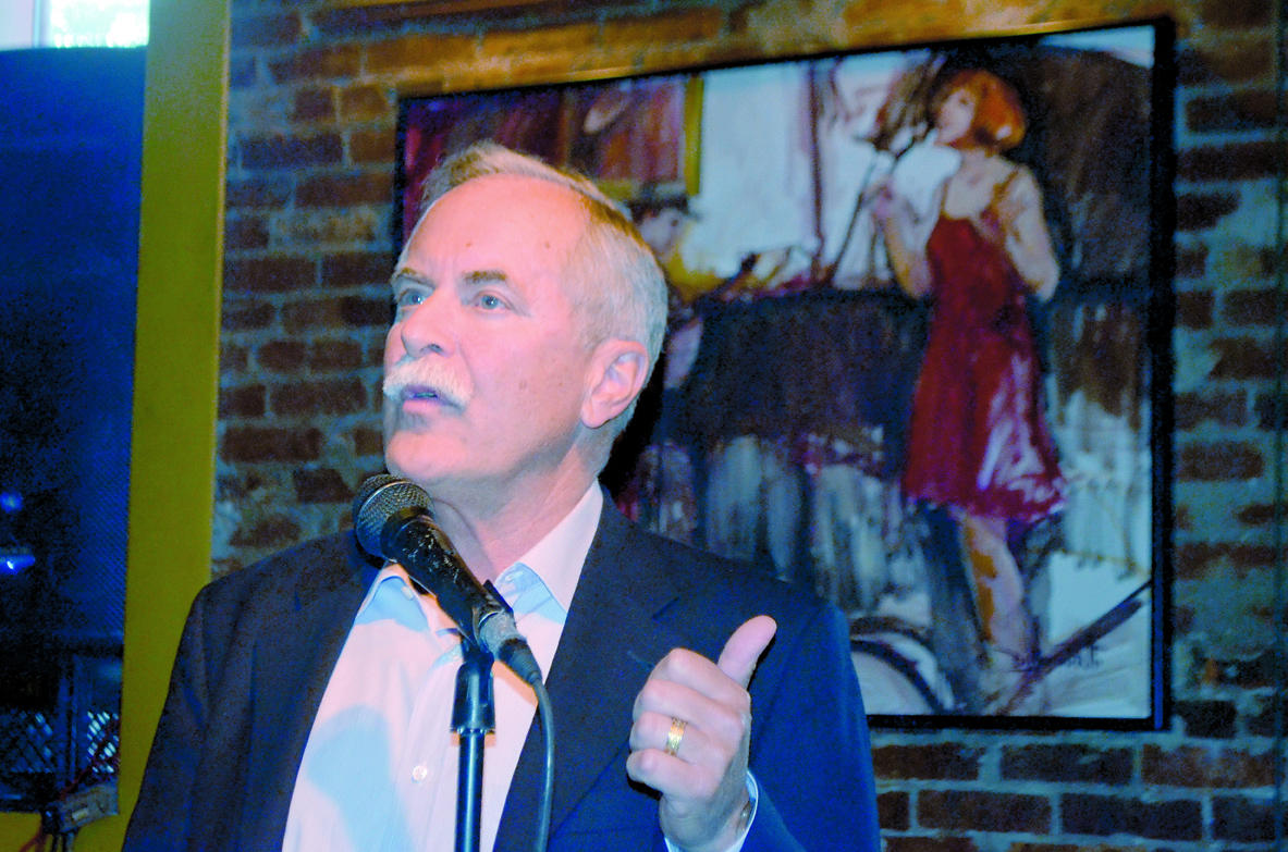 Commissioner of Public Lands Peter Goldmark speaks during a campaign stop at The Upstage in Port Townsend on Wednesday night. Charlie Bermant/Peninsula Daily News