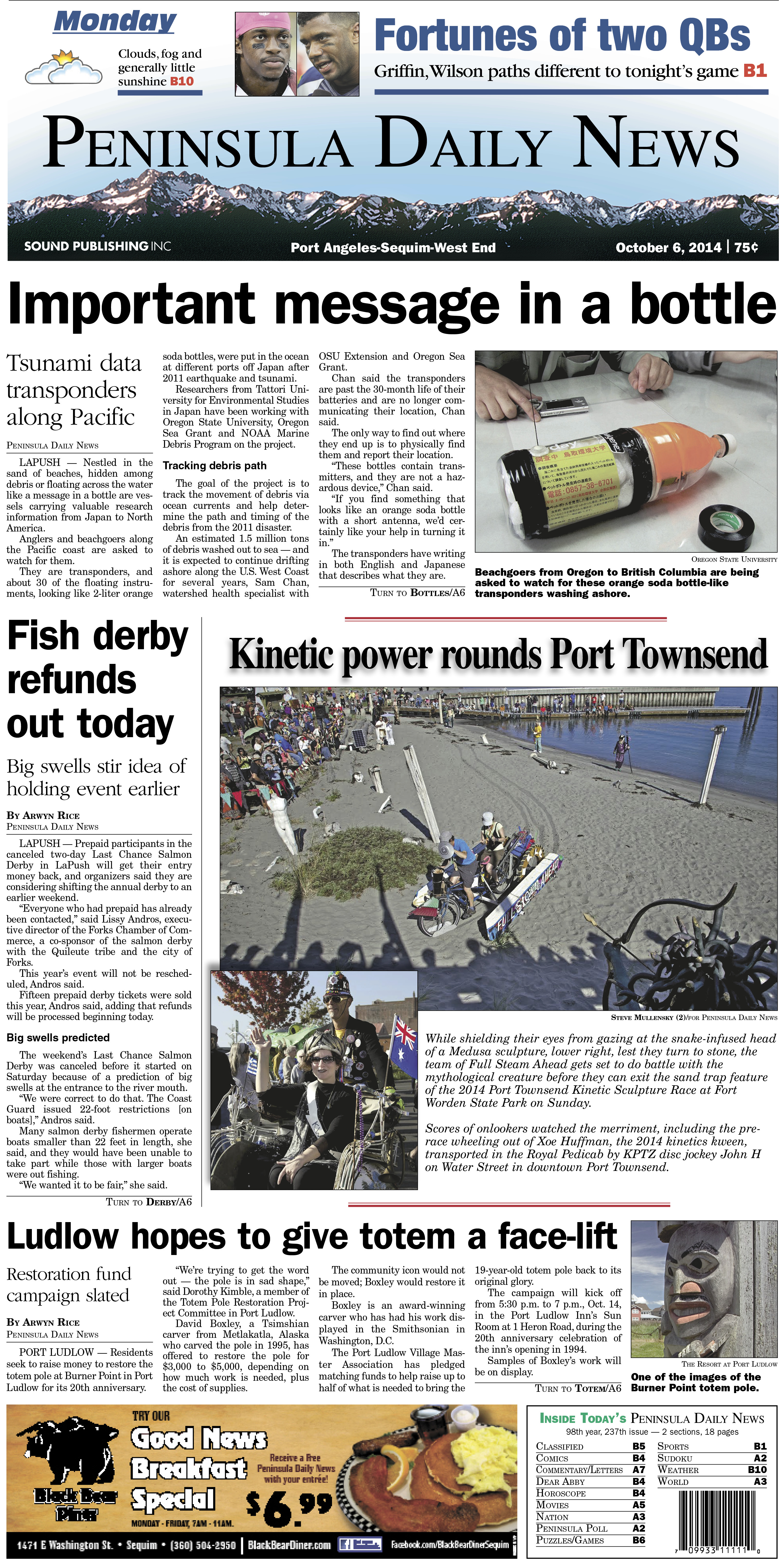 Here are today's Clallam County front page — news tailored to your community. There's more inside that isn't online!