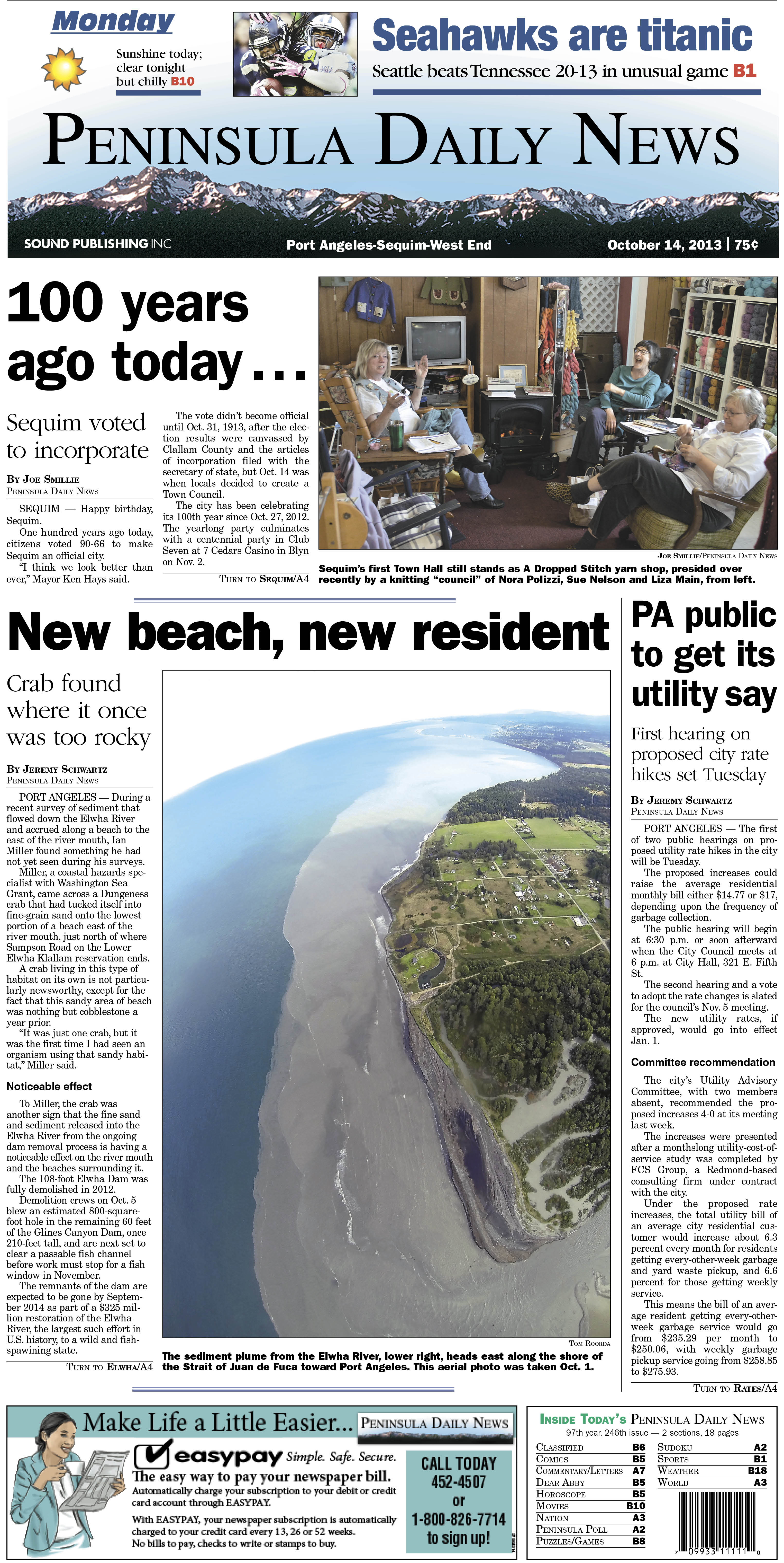 Today's Clallam County front page. The PDN also has an edition tailored just for its Jefferson County readers. (Click on image to enlarge)