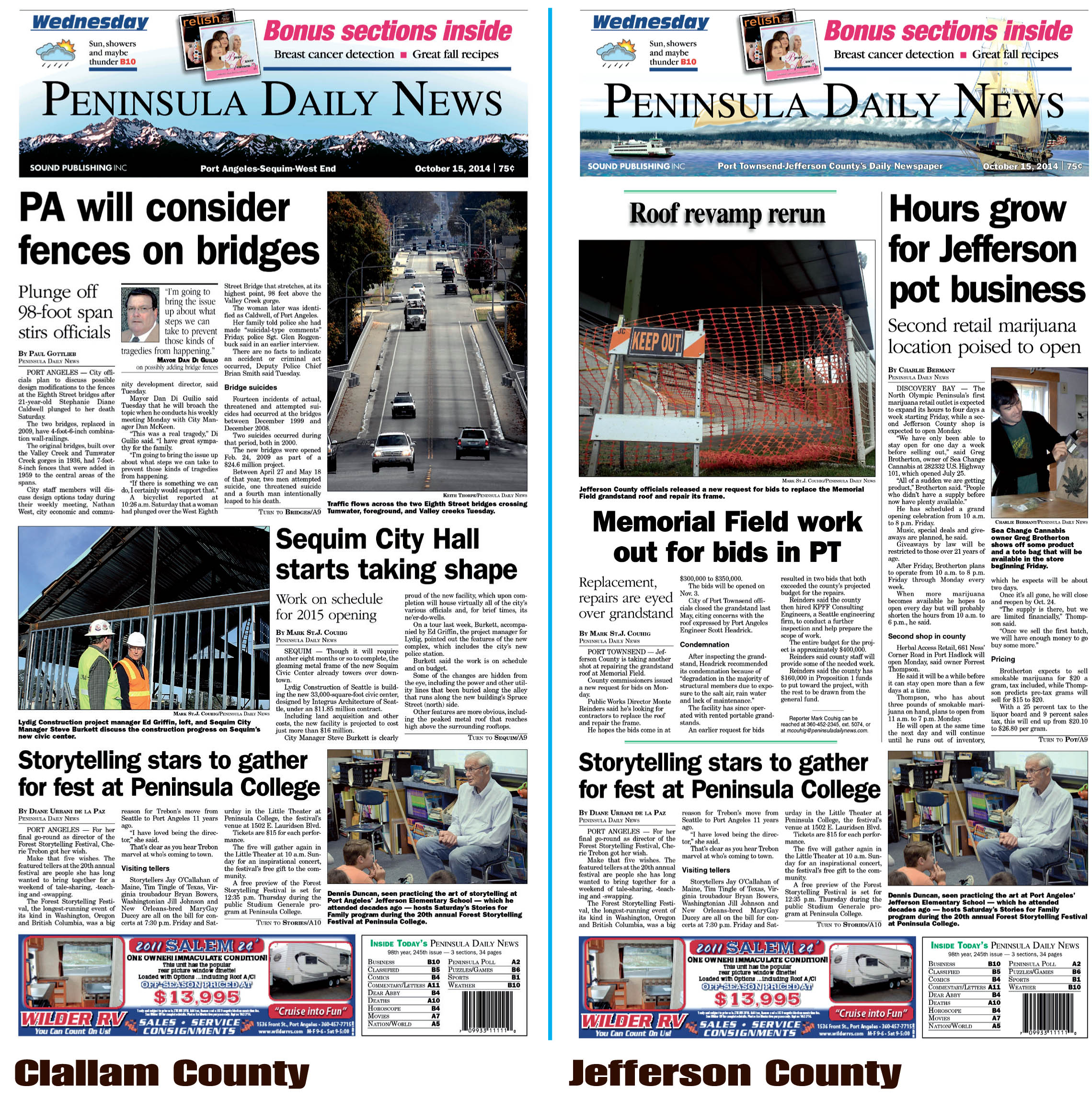 Here are today's Clallam County and Jefferson County front pages — news tailored to your community. There's more inside that isn't online!