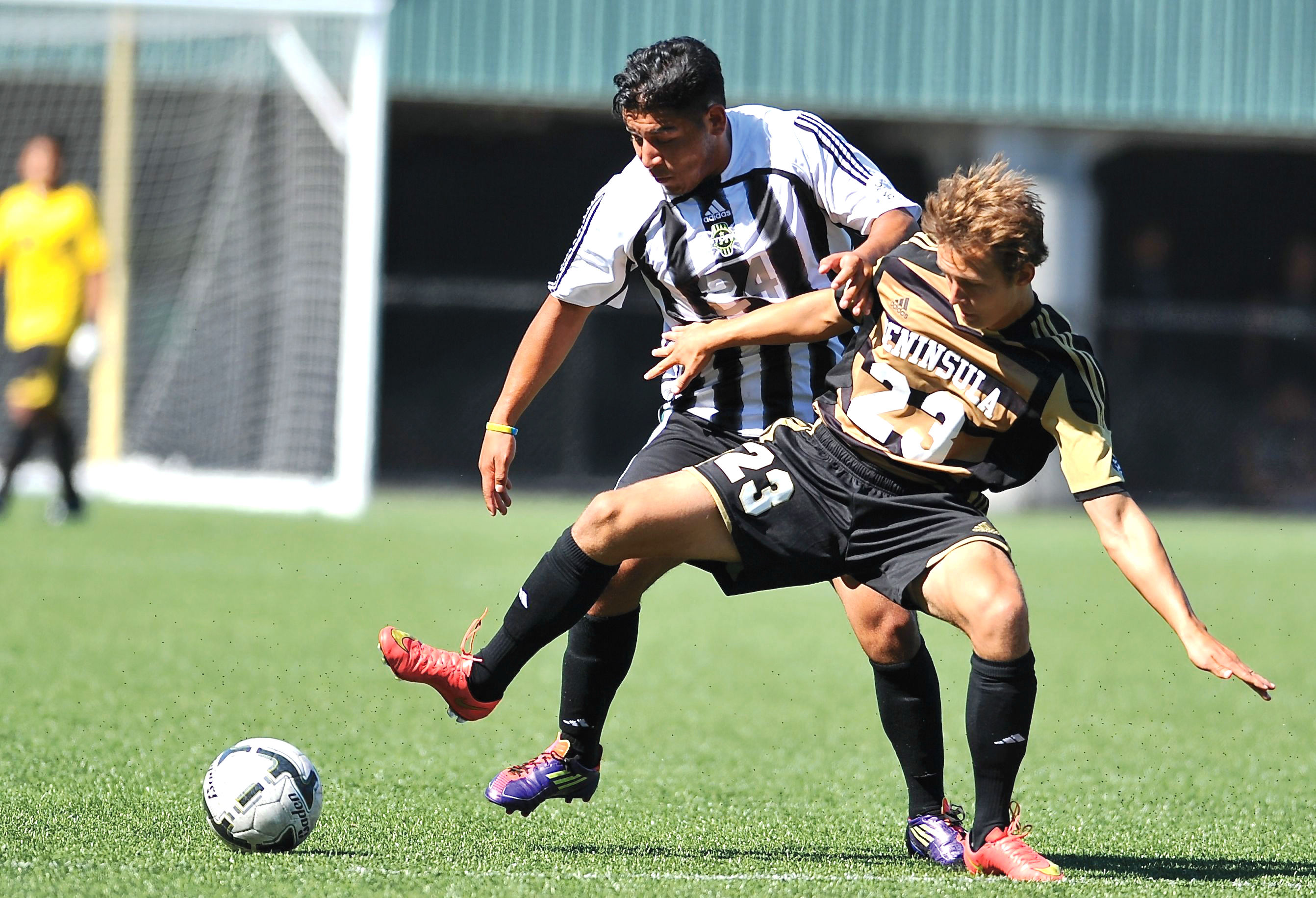 Peninsula College freshman forward Samuel McEntire battles Chemeketa's Gilberto Arreola for the ball at the NWAC Friendlies at Starfire Sports Complex in Tukwila earlier this season. The No. 1-ranked Pirates face off against West Division rival Highline on Wednesday at Wally Sigmar Field. Jeff Halstead/for Peninsula Daily News