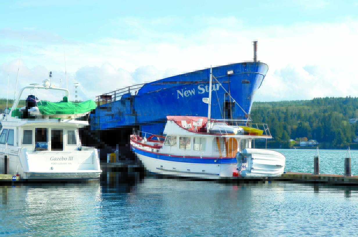 The 118-foot New Star dwarfs pleasure craft at the Port Ludlow Marina on Wednesday.