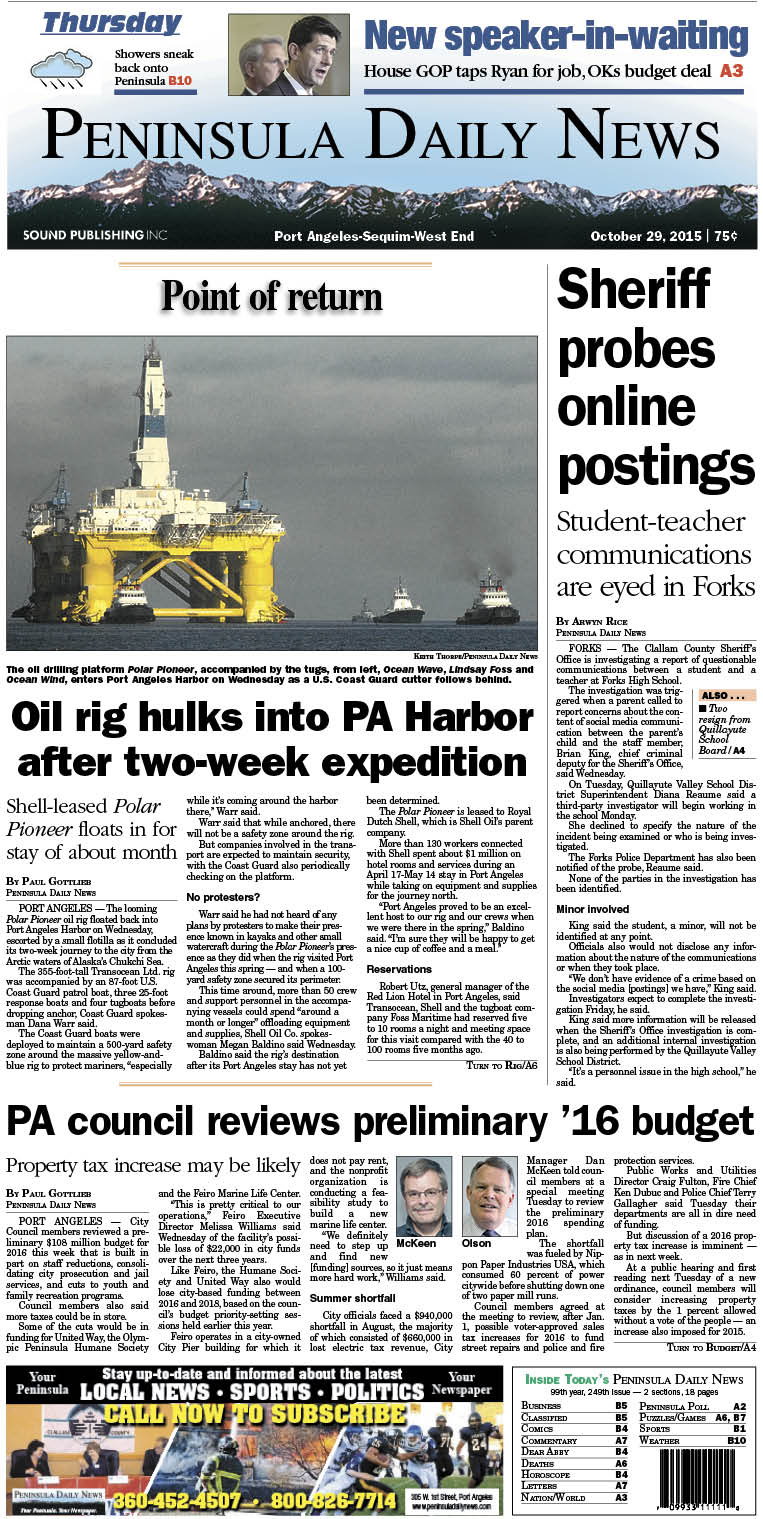 Today's front page tailored for the PDN's readers in Clallam County. There's more inside that isn't online!