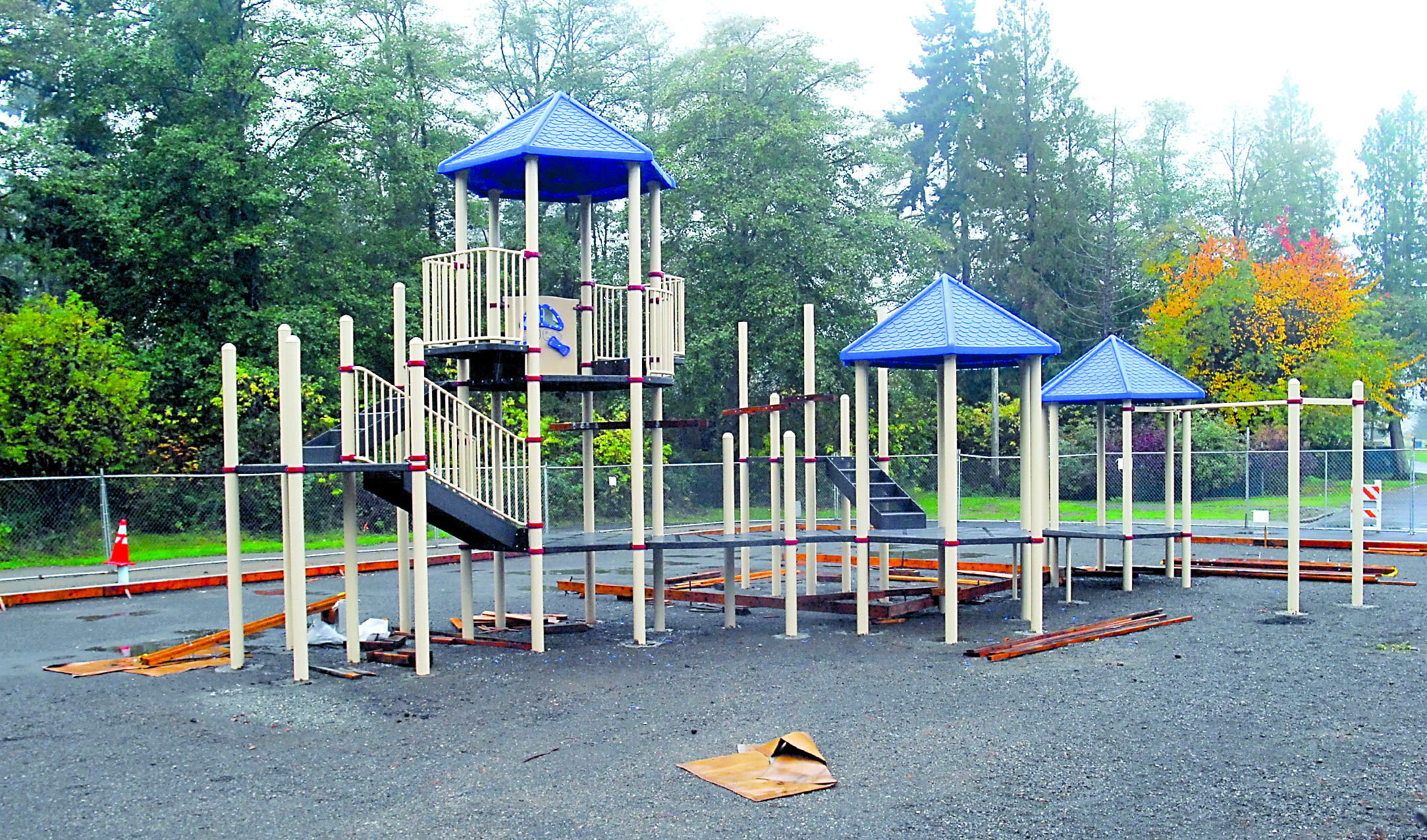A new set of playground equipment sits partially built at Shane Park in Port Angeles on Wednesday. Keith Thorpe/Peninsula Daily News