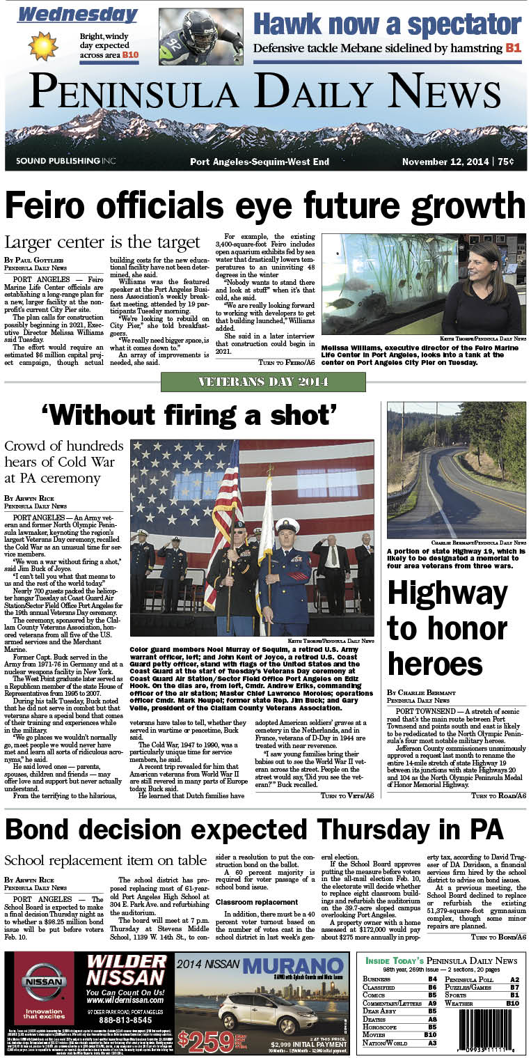 Here is today's front page for our Clallam County readers — news tailored to your community. There's more inside that isn't online!