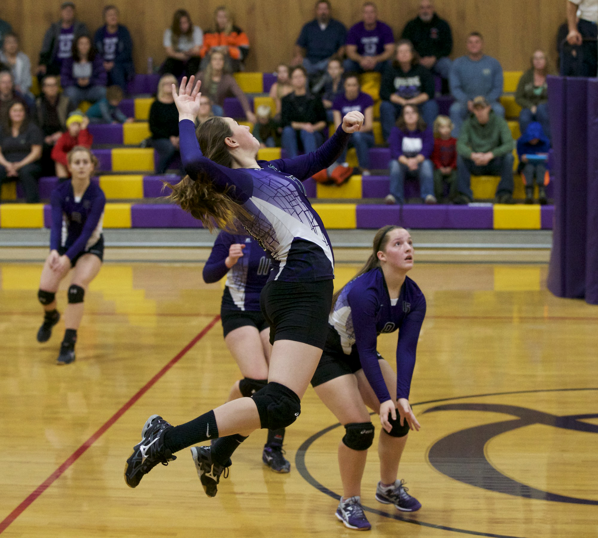 Quilcene's Bailey Kieffer goes up for a spike against Shoreline Christian earlier this season. Steve Mullensky/for Peninsula Daily News