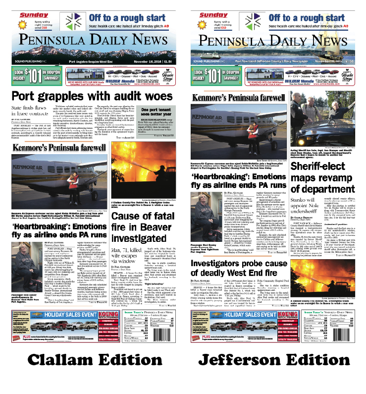 Here are today's front pages for our Clallam County and our Jefferson County readers — news tailored to your community. There's more inside that isn't online!