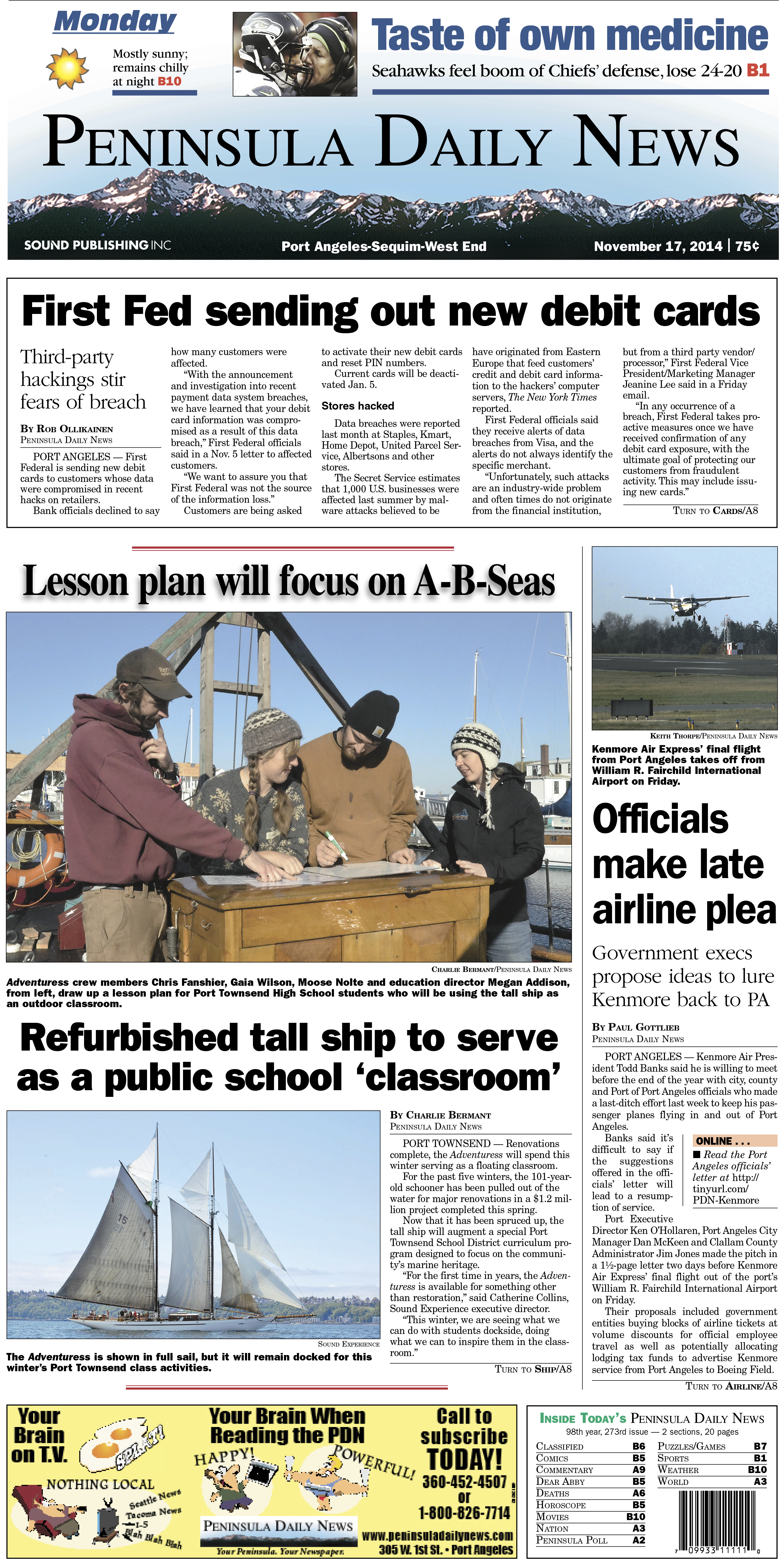 Here is today's front page for our Clallam County readers — news tailored to your community. There's more inside that isn't online!