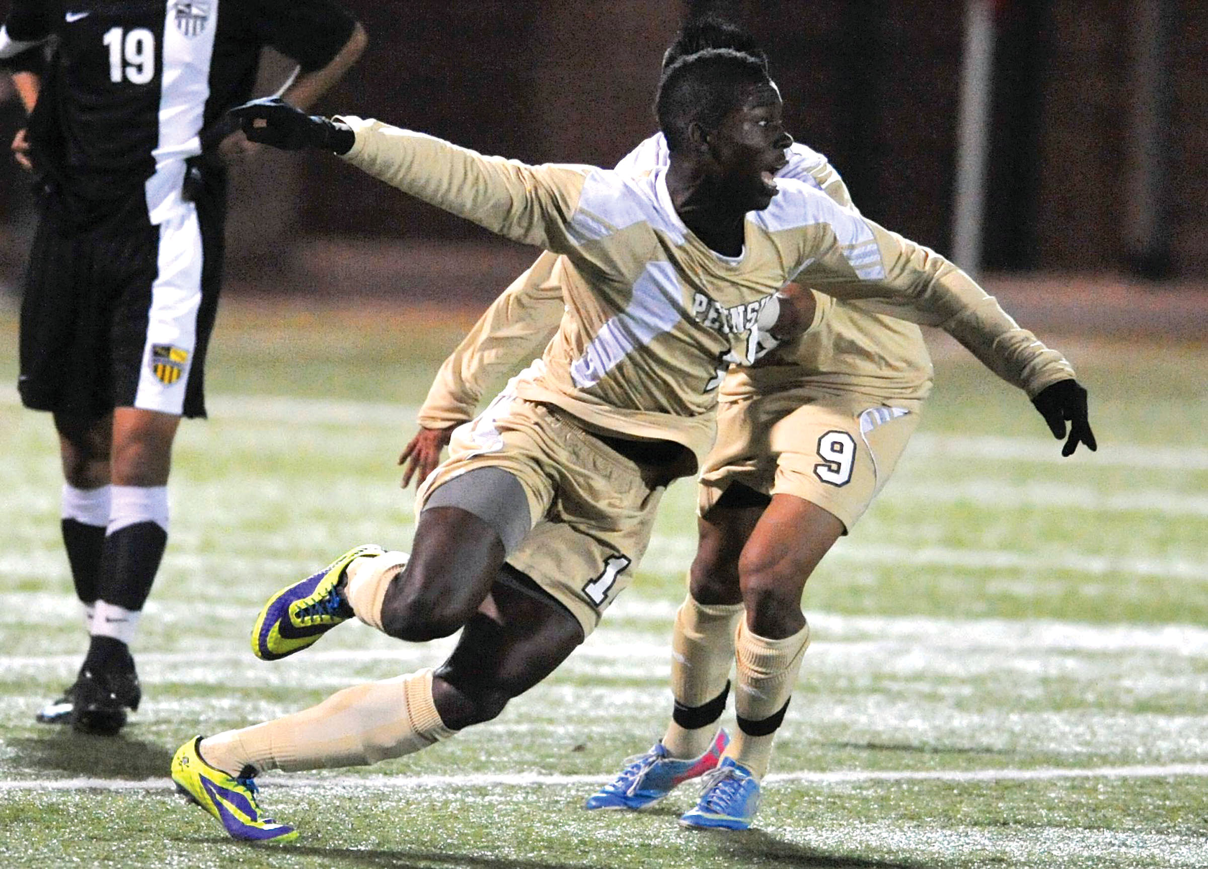 Peninsula College forward Ash Apollon celebrates after scoring the Pirates' first goal in the 22nd minute. Jeff Halstead/for Peninsula Daily News