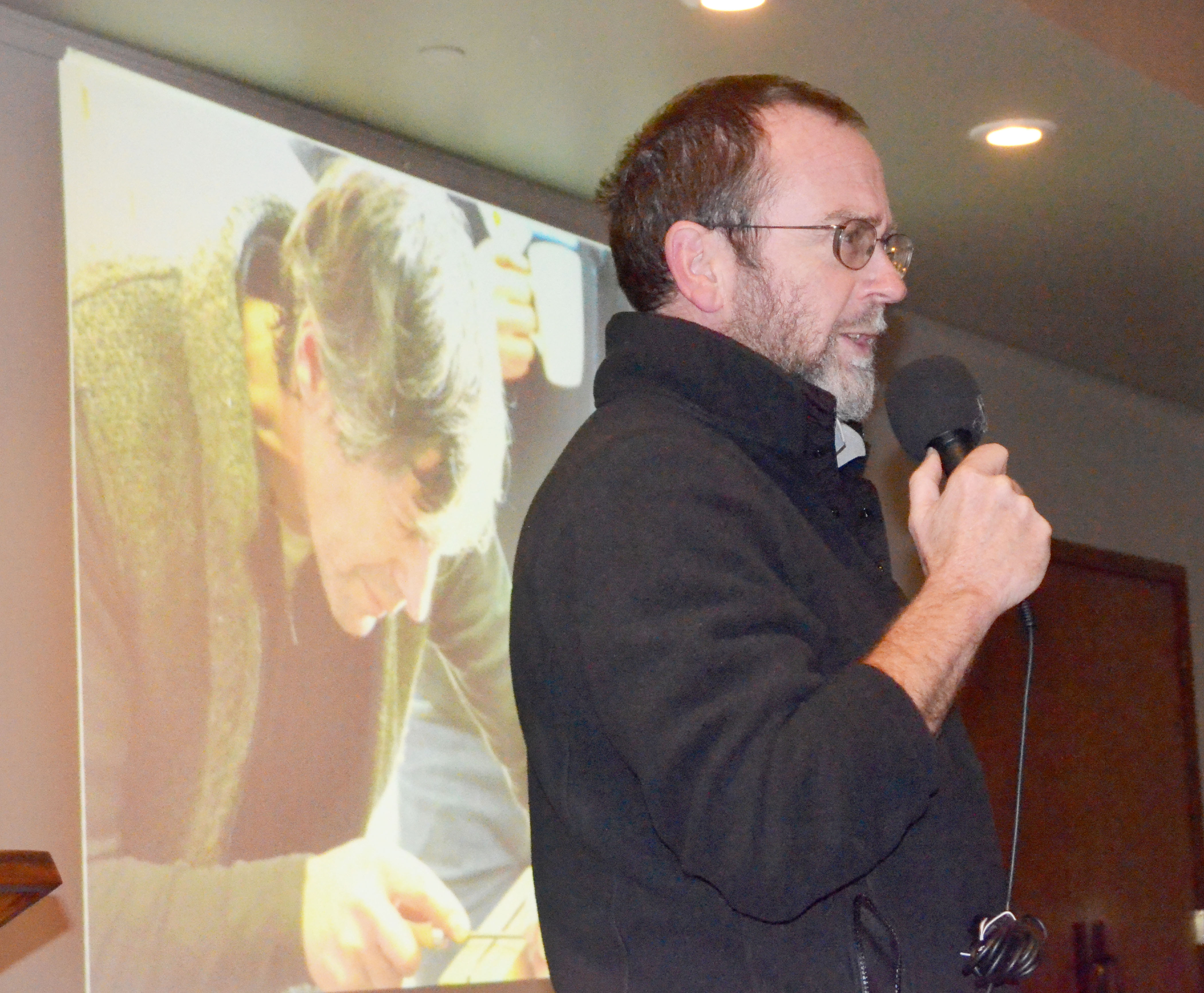 Port Townsend School of Woodworking co-founder Tim Lawson addresses the Jefferson County Chamber of Commerce at the Port Townsend Elks Lodge on Monday.  — Photo by Charlie Bermant/Peninsula Daily News