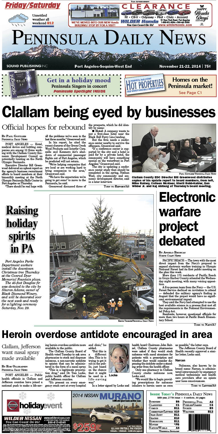 Here is today's front page for our Clallam County readers — news tailored to your community. There's more inside that isn't online!