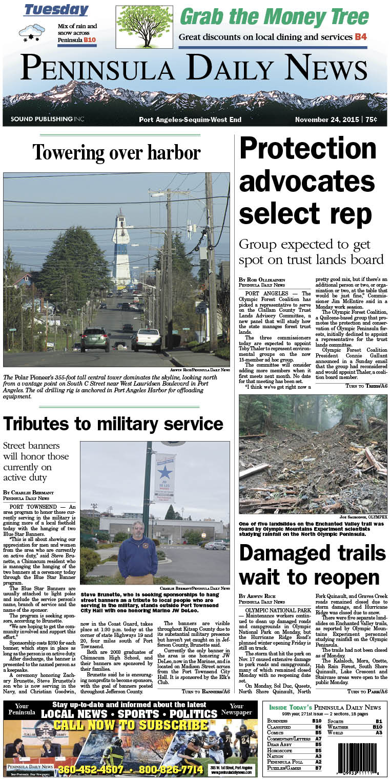 Today's front page tailored for the PDN's readers in Clallam County. There's more inside that isn't online!