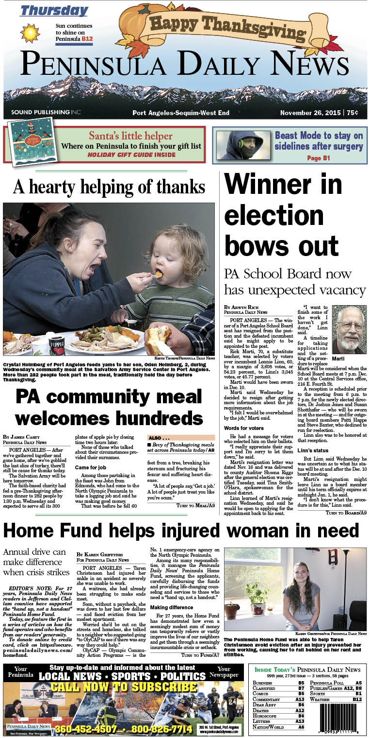 Today's front page tailored for the PDN's readers in Clallam County. There's more inside that isn't online!