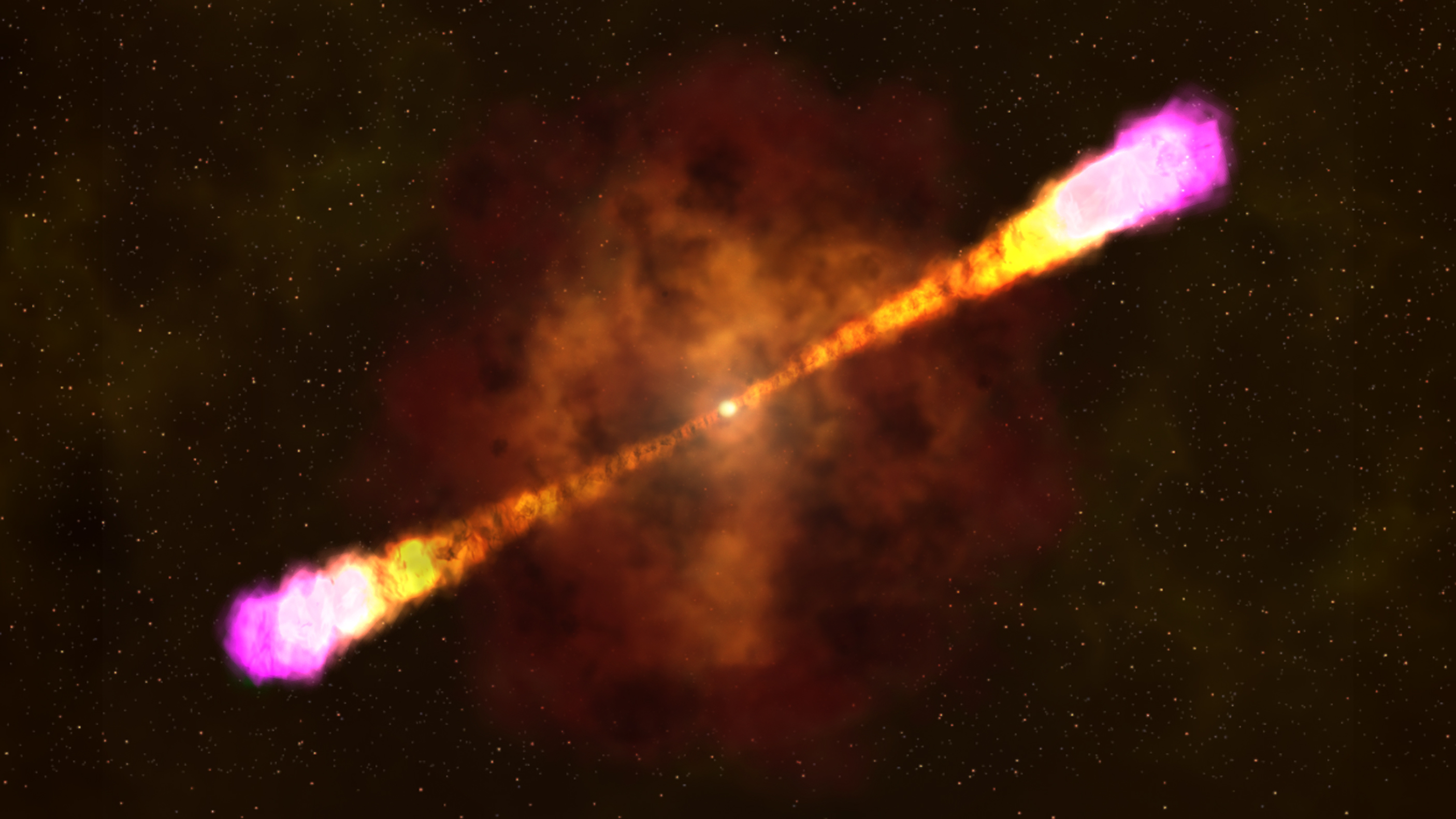 This image provided by NASA's Goddard Space Flight Center shows an artists rendering on how a gamma ray burst occurs with a massive star collapsing and creating a black hole and beaming out focused and deadly light and radiation bursts. Astronomers and space telescopes in April 2013 saw the biggest and brightest cosmic explosion ever witnessed