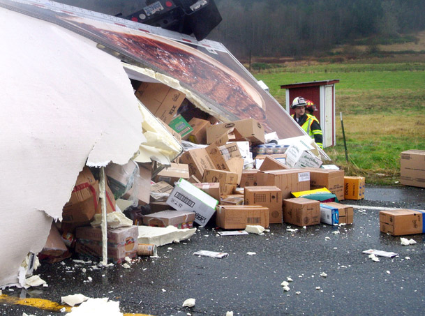 Food spills from a wrecked Safeway truck near Chimacum after Monday's accident. Charlie Bermant/Peninsula Daily News