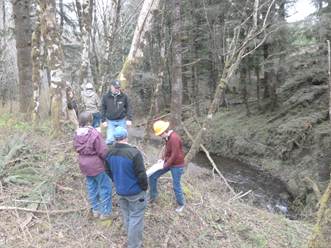 Members of the Salmon Recovery Funding Board Technical Review Panel and the North Olympic Peninsula Lead Entity visit the site of a proposed culvert replacement project to improve fish passage on Rayonier lands along the Hoko River. North Olympic Lead Entity for Salmon
