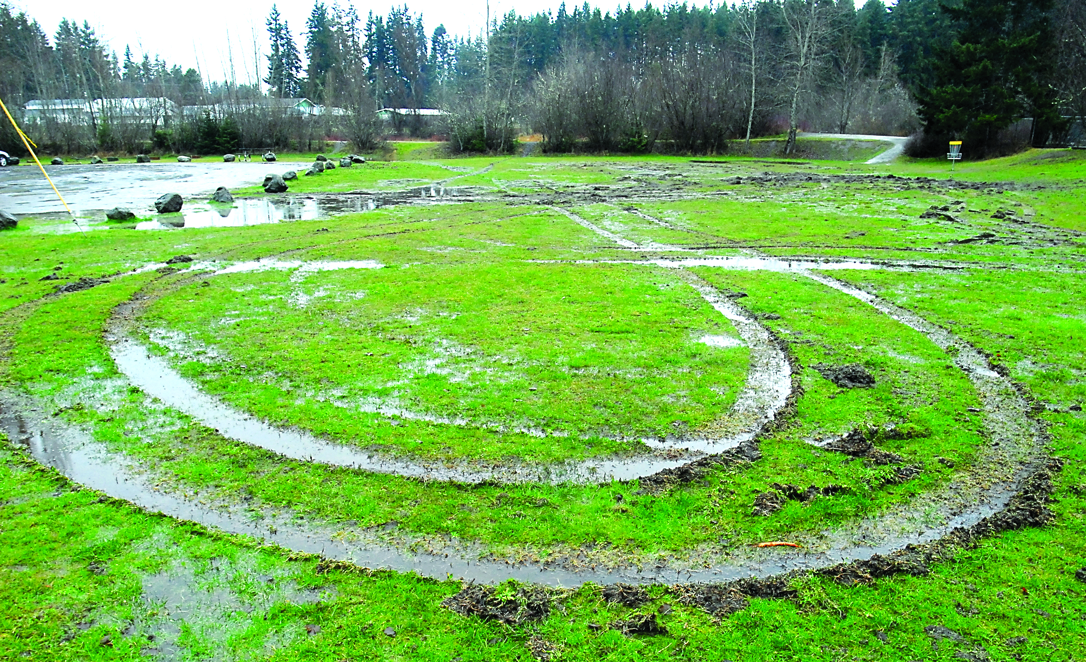 Tire tracks and heavy ruts mar an area of Lincoln Park in Port Angeles