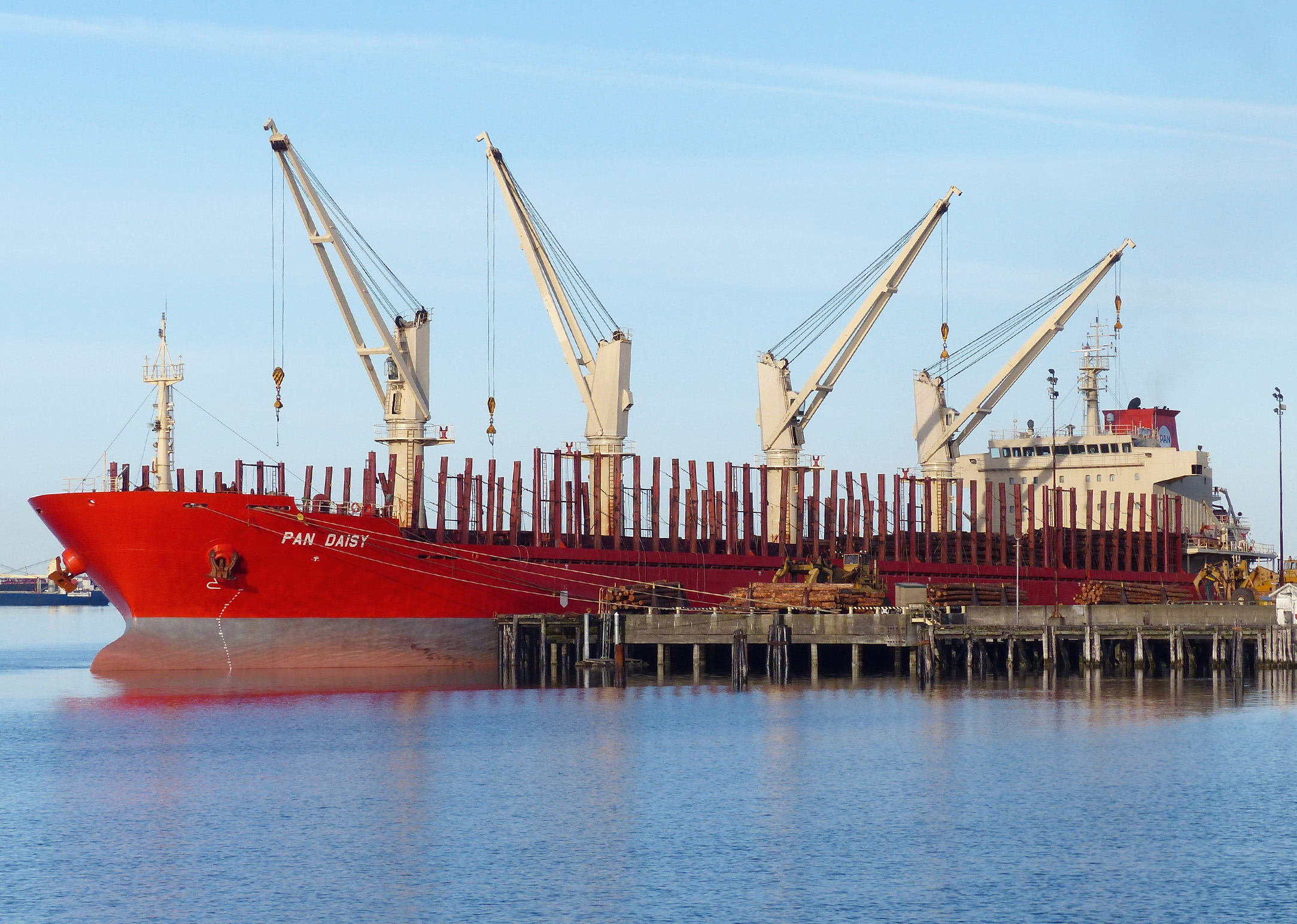 Pan Daisy is shown moored to Port of Port Angeles Terminal 3 to take on logs. She was scheduled to depart Saturday. David G. Sellars/for Peninsula Daily News