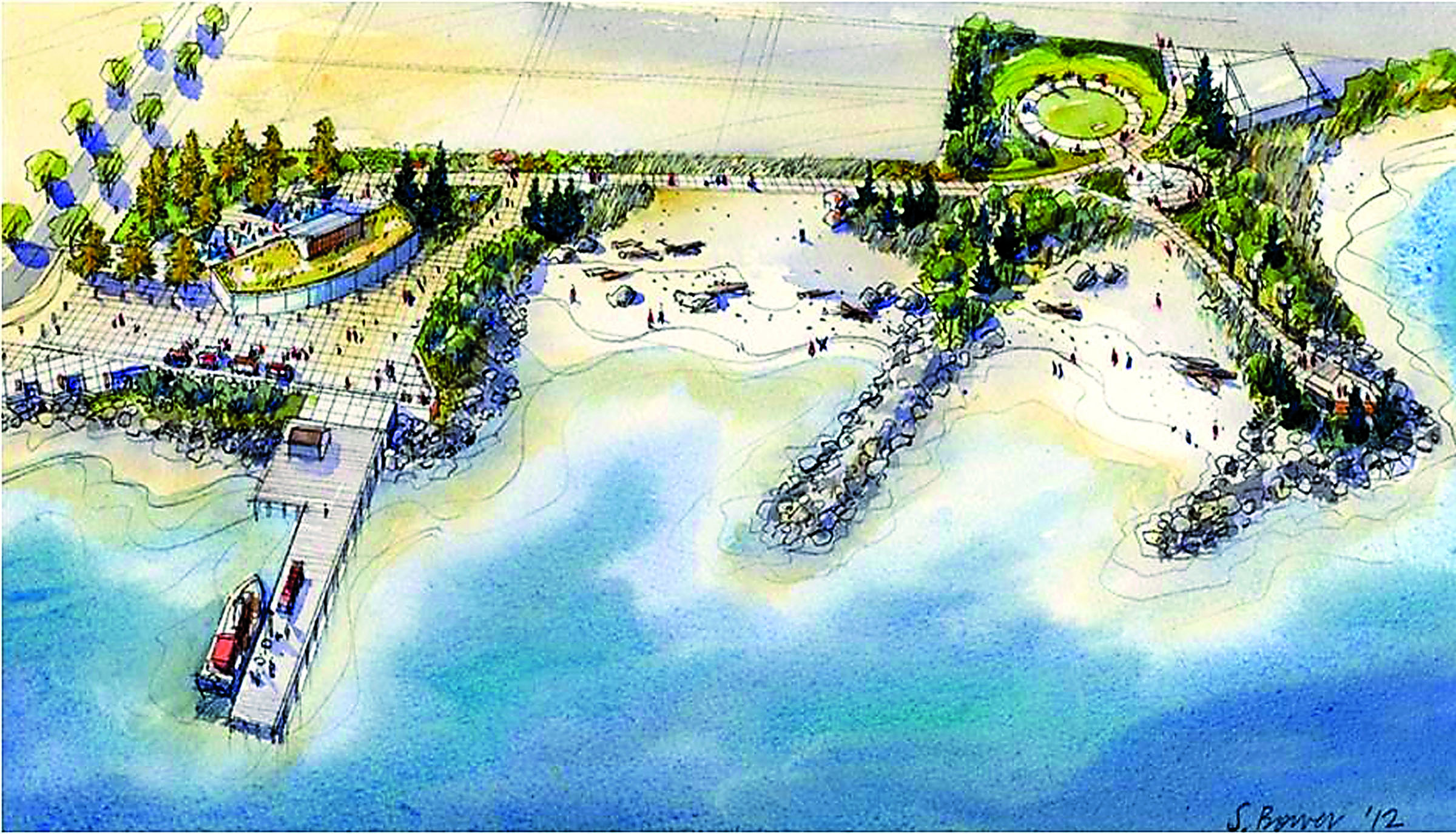 Architect’s rendering of Port Angeles’ proposed West End Park looking south shows Oak Street at the left and Valley Creek Estuary Park at the upper right.  [Studio Cascade Inc.]