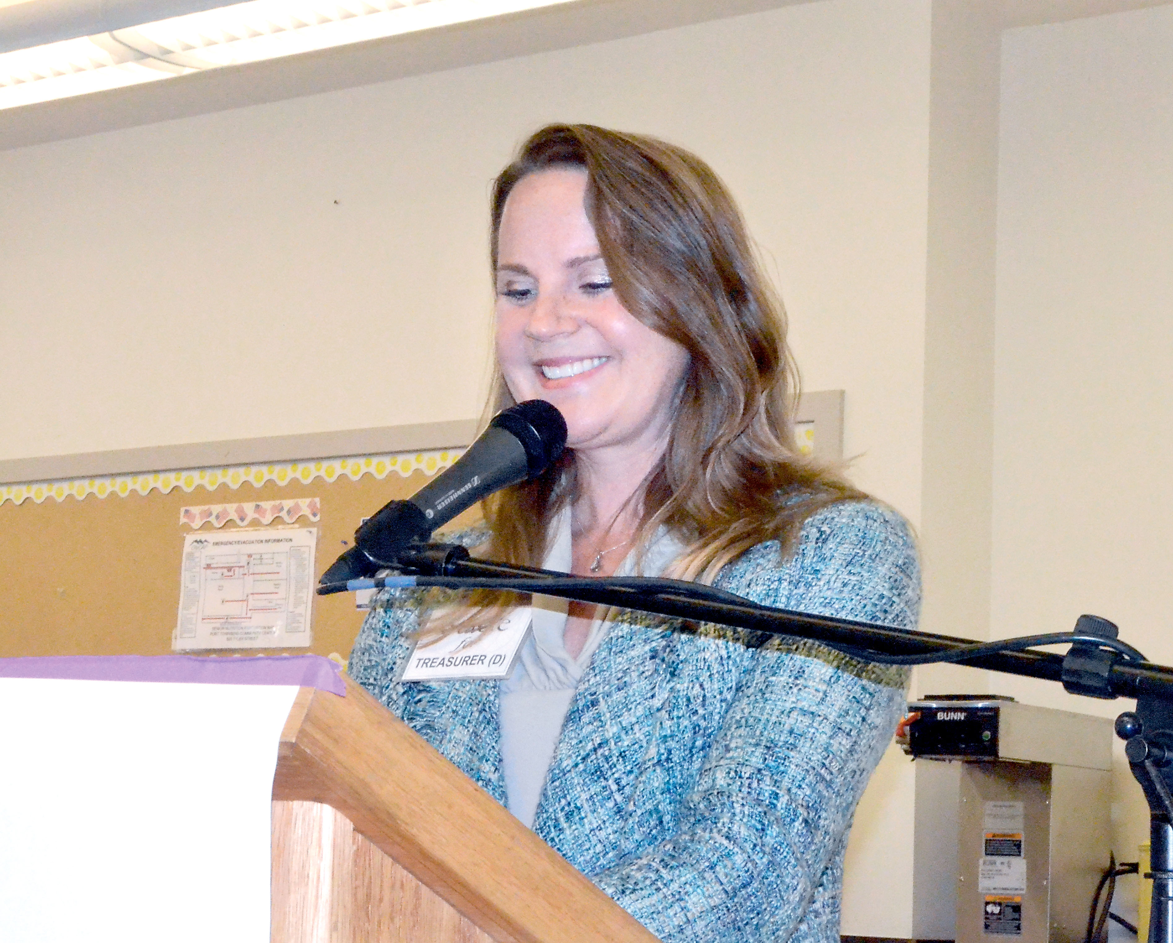Unopposed Jefferson County Treasurer candidate Stacie Hoskins addresses Democrats on Tuesday night at a party gathering in Port Townsend. — Charlie Bermant/Peninsula Daily News