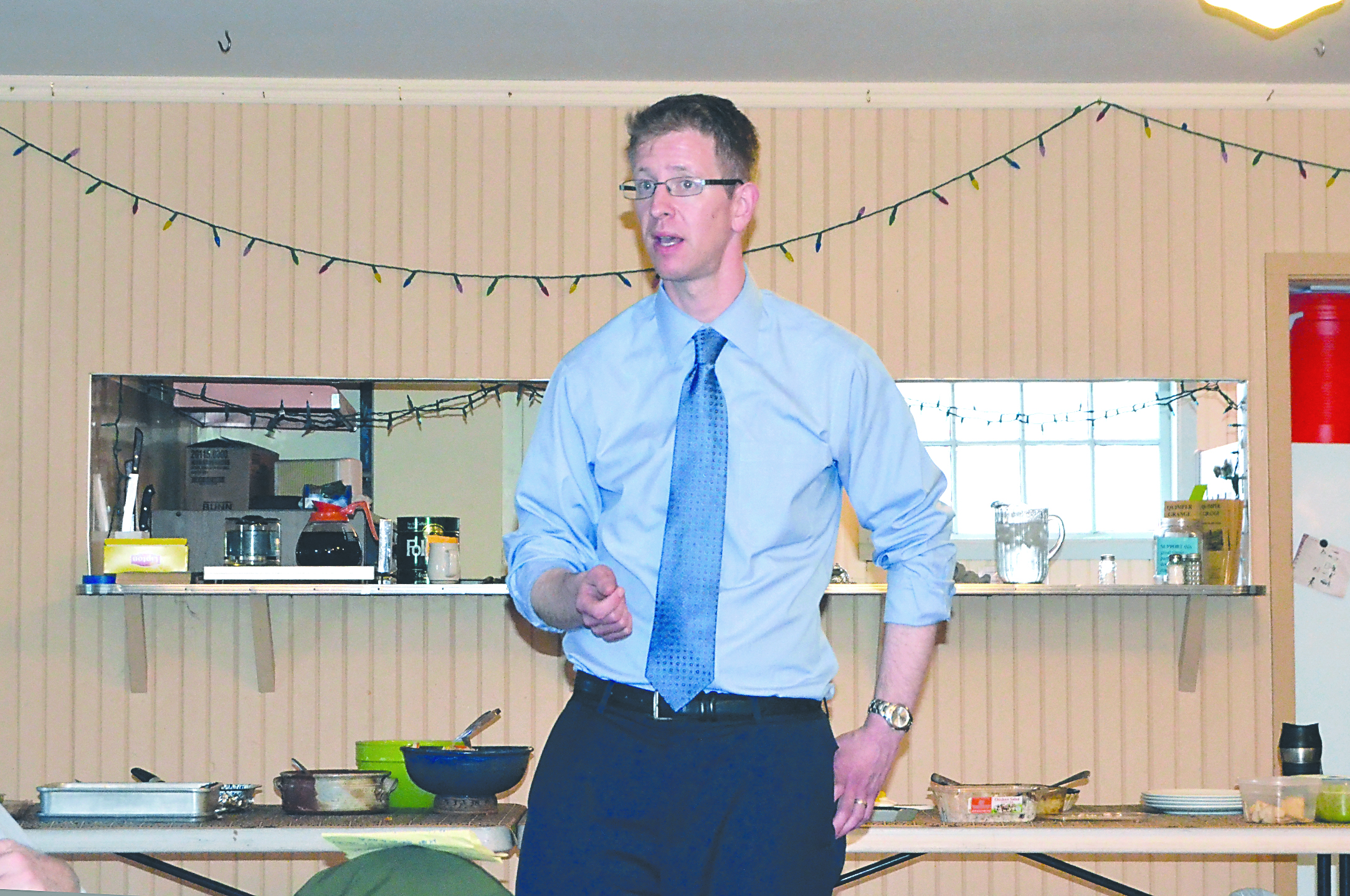 Rep. Derek Kilmer addresses Jefferson County Democrats following his town hall-style meeting at Fort Worden State Park earlier.  -- Photo by Charlie Bermant/Peninsula Daily News