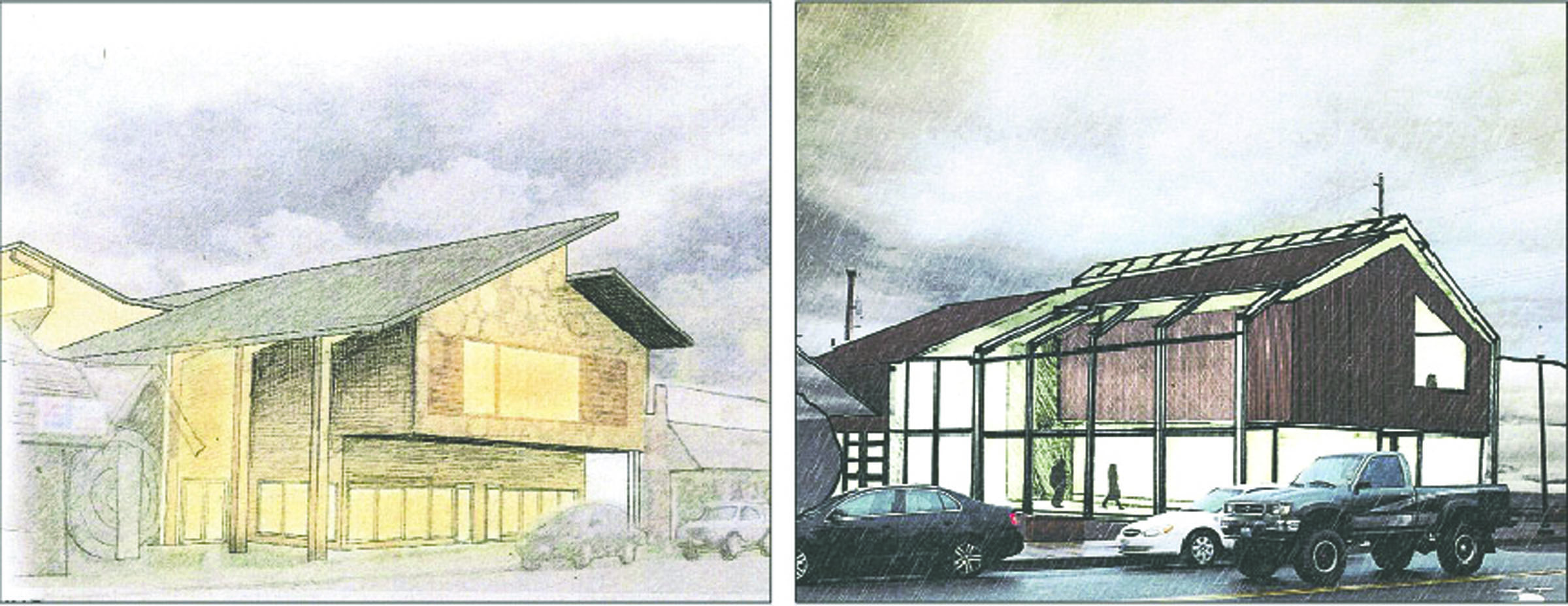 Two of nine artists’ renderings for a new community center in Forks are shown — “Peeling to Bring Nature In” at left