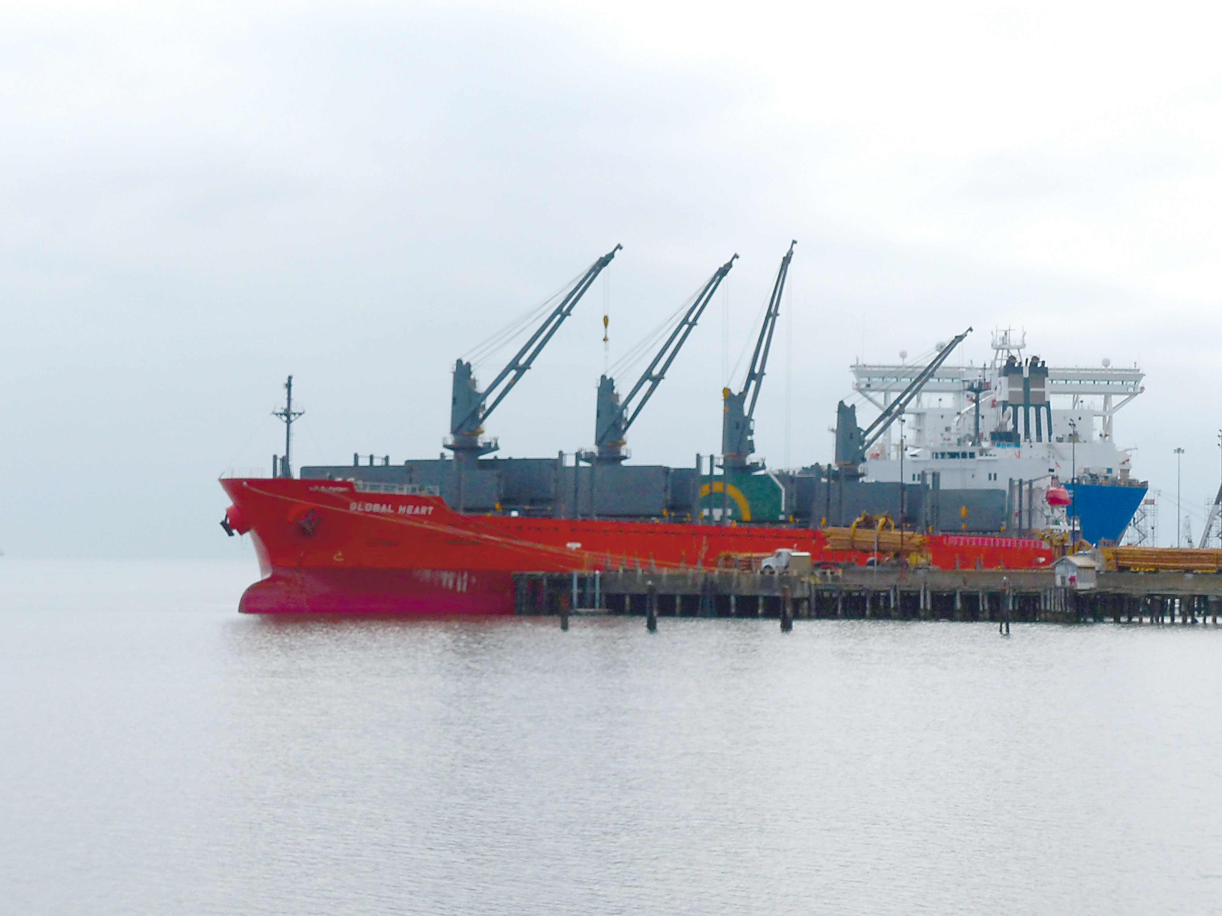 Global Heart is shown at Terminal 3 in the Port of Port Angeles. The oil tanker Polar Discovery is in the right background at Terminal 1 North. —Photo by David G. Sellars/for Peninsula Daily News