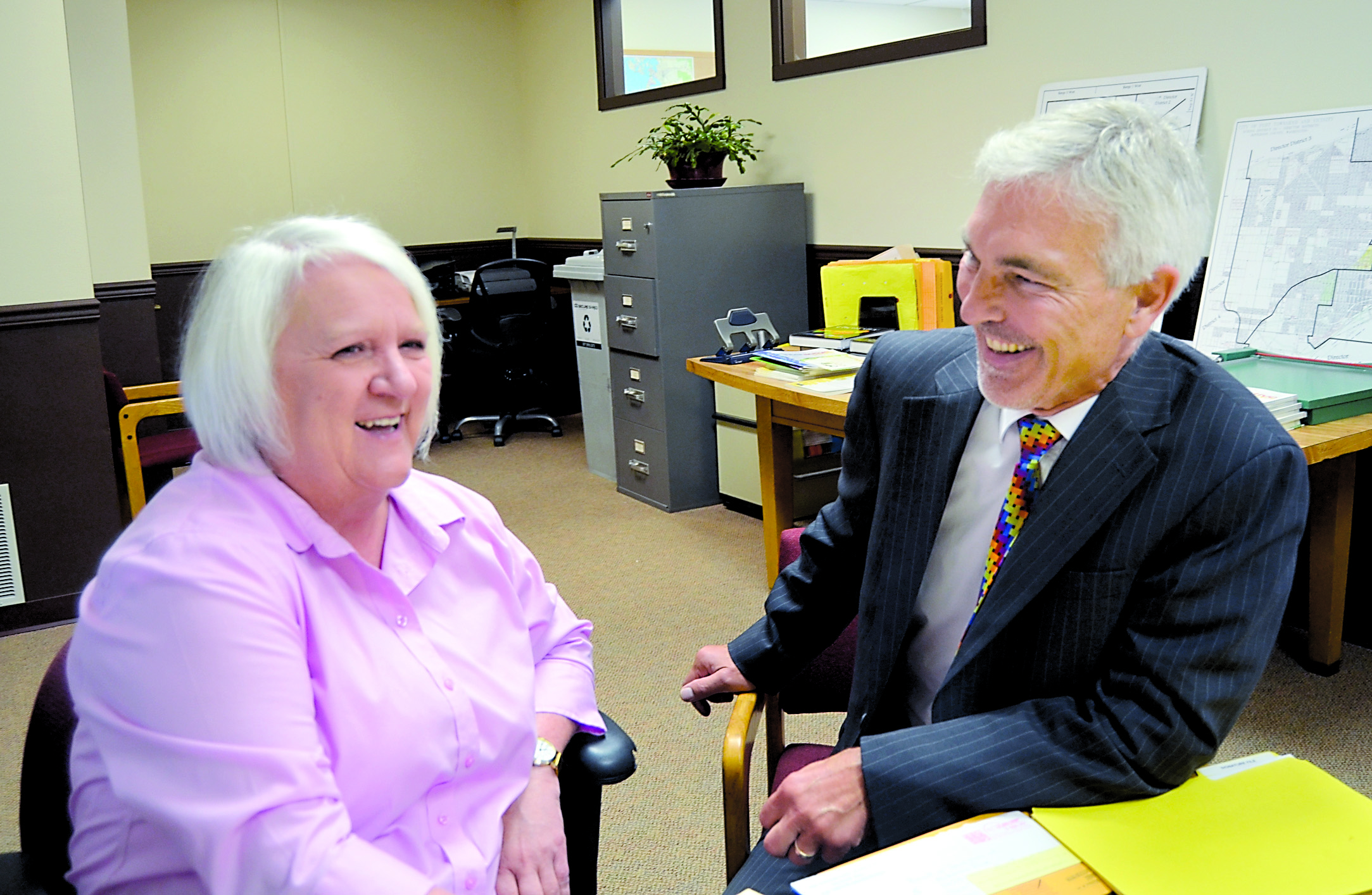 New Port Townsend Schools Superintendent David Engle meets with district secretary Mary Colton on Monday