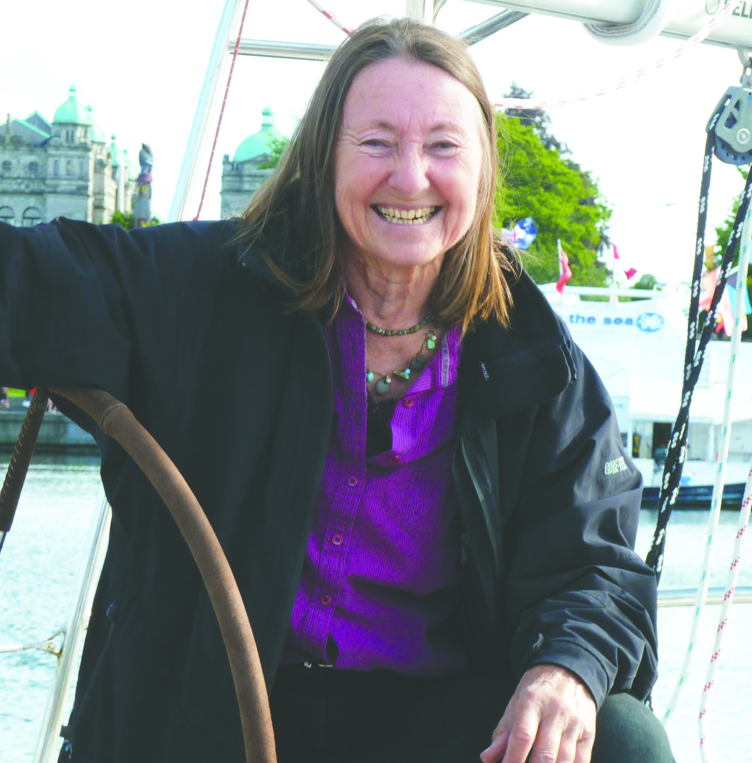 Jeanne Socrates sites aboard her sailboat Nereida in Victoria’s Inner Harbor prior to the launch of her around-the-world trip