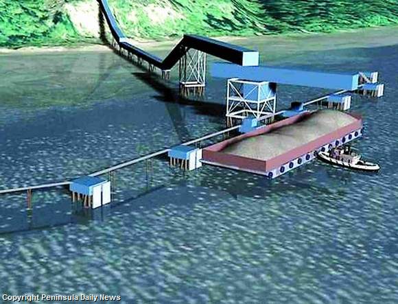 Artist's rendering depicts the proposed pier in Hood Canal designed to load gravel onto barges and ocean-going ships.