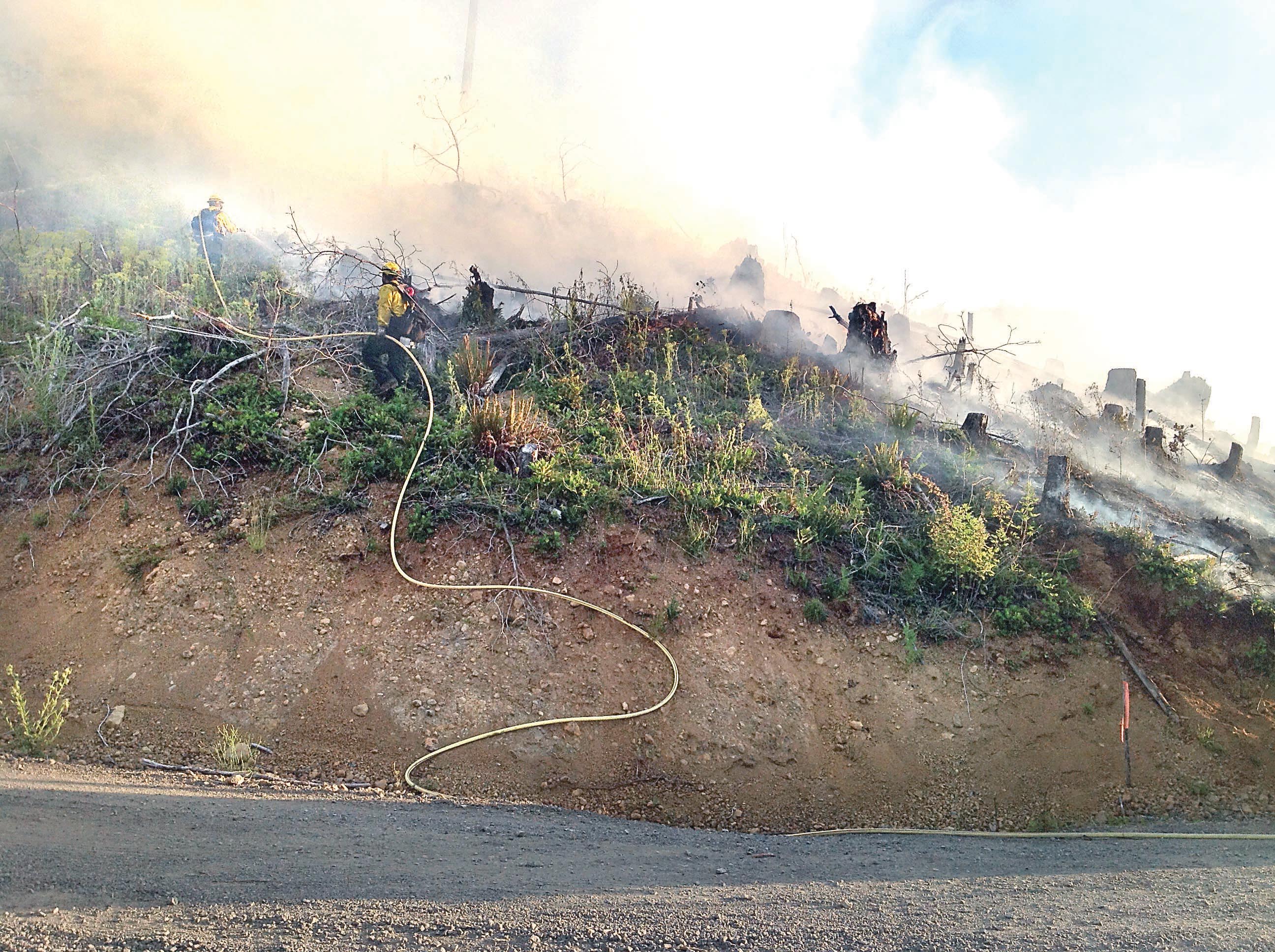 Firefighters work to extinguish a fire that started early Thursday morning in the Brothers Wilderness. — Brinnon Fire District No. 4