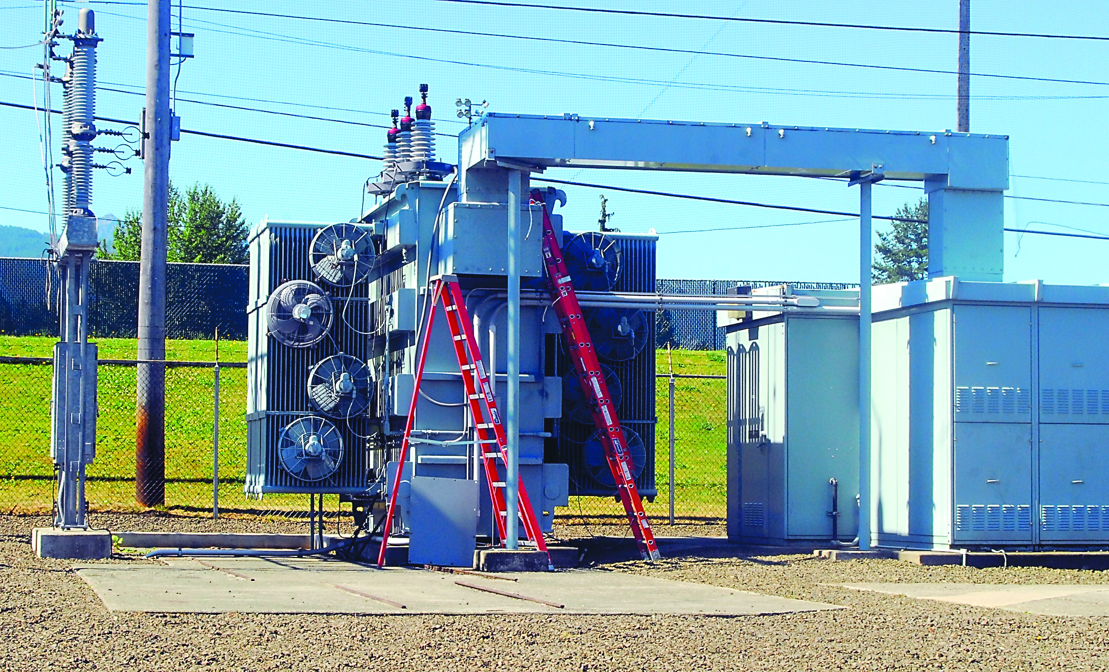 A lightning-damaged transformer sits offline at the electrical substation at Second and Washington streets — next to Port Angeles Civic Field — on Saturday.  -- Photo by Keith Thorpe/Peninsula Daily News
