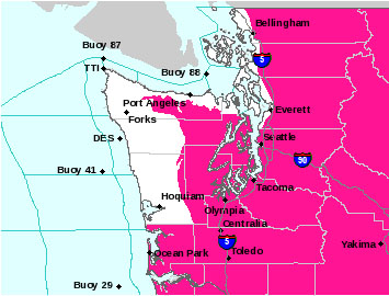 Red color on this National Weather Service map shows the area of the red-flag warning because of possible thunderstorms and lightning starting this evening and lasting through most of Tuesday.