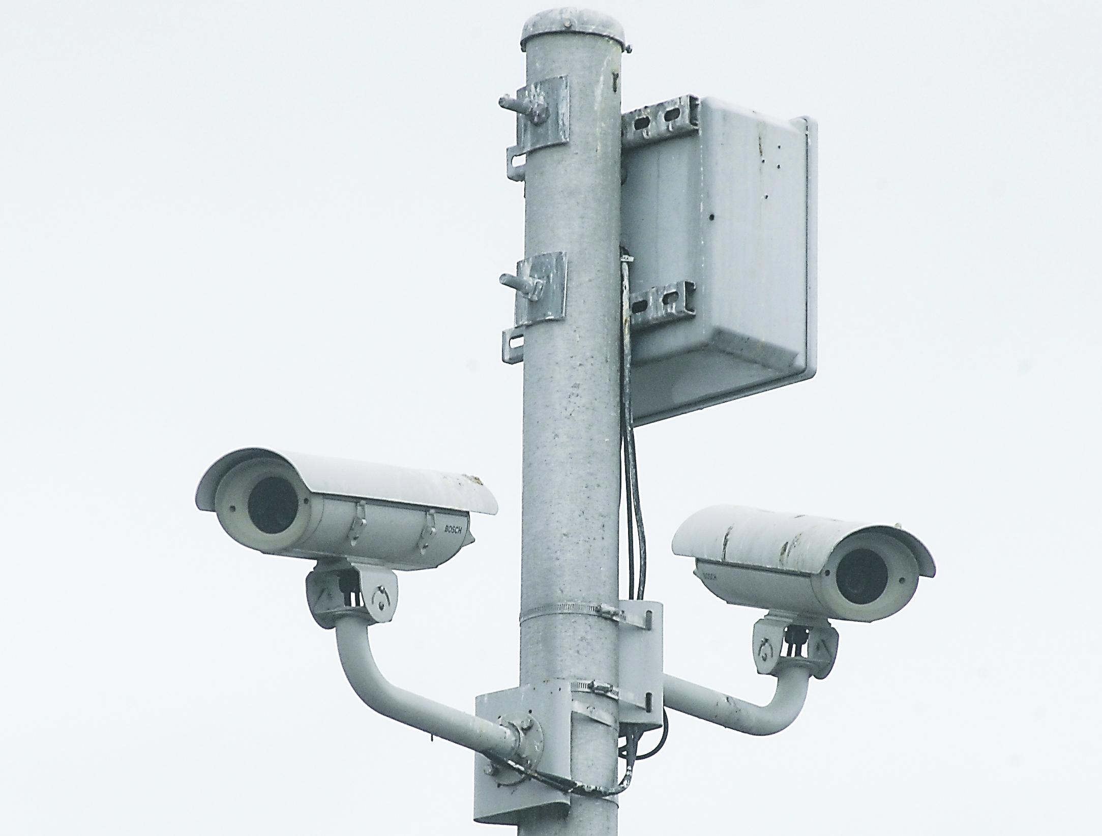 These two cameras which are constantly pointed at the parking lot and play area at Port Angeles City Pier will be replaced with state-of-the-art digital cameras before the end of this year. -- Photo by Keith Thorpe/Peninsula Daily News