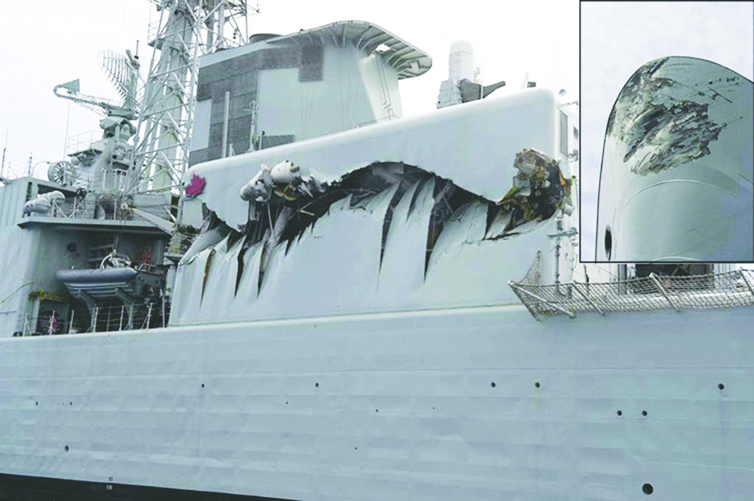Canadian military photos show damage to the destroyer HMCS Algonquin and to the bow of the fleet oiler HMCS Protecteur (inset).  -- Photos by Master Cpl. Angela Abbey/Royal Canadian Navy