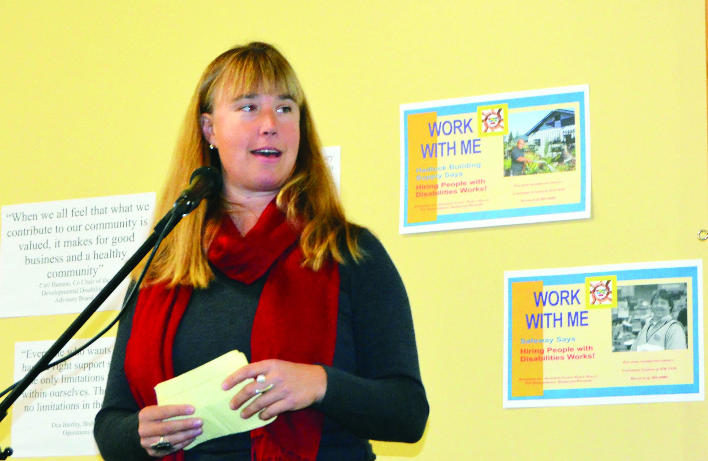 Port Townsend Deputy Mayor Kris Nelson addresses the Work With Me employer breakfast Thursday at Fort Worden State Park. Charlie Bermant/Peninsula Daily News