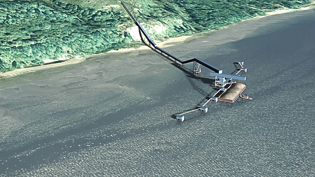 Rendering of Thorndyke Resources’ proposed gravel conveyor belt and pier in Hood Canal.