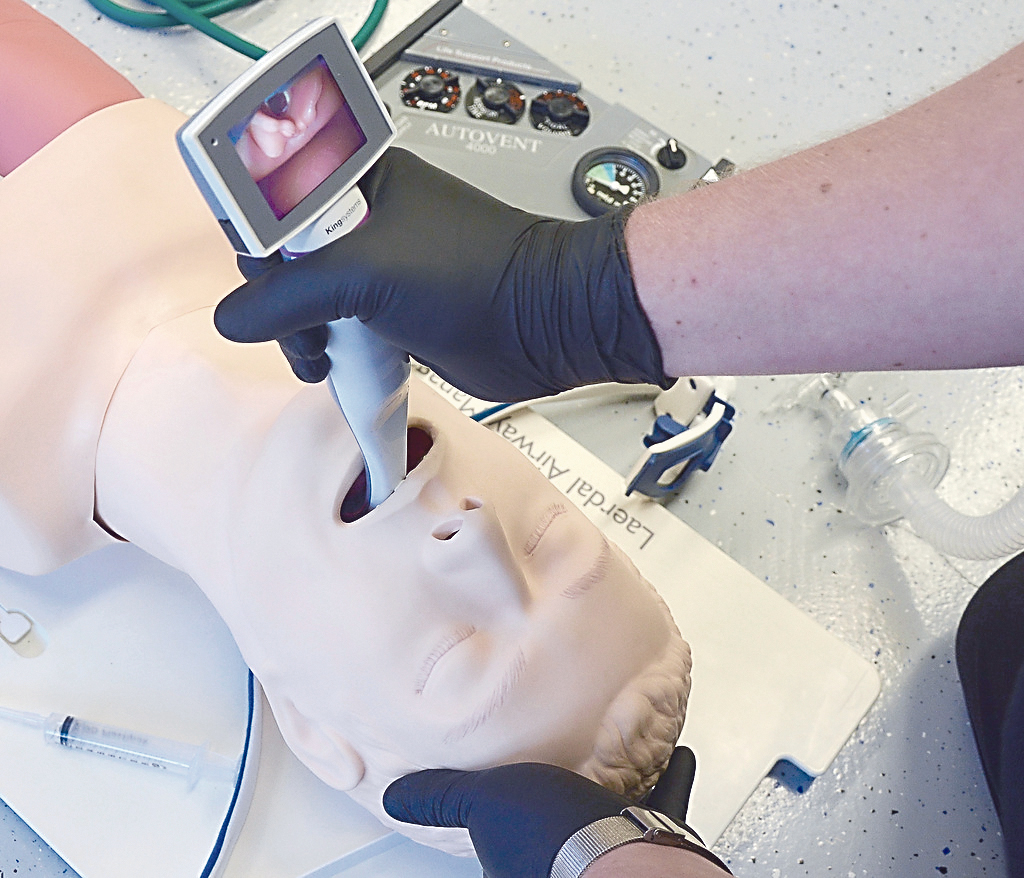 Firefighter/EMT Chris Clem demonstrates a new video laryngoscope. — Clallam County Fire District No. 2