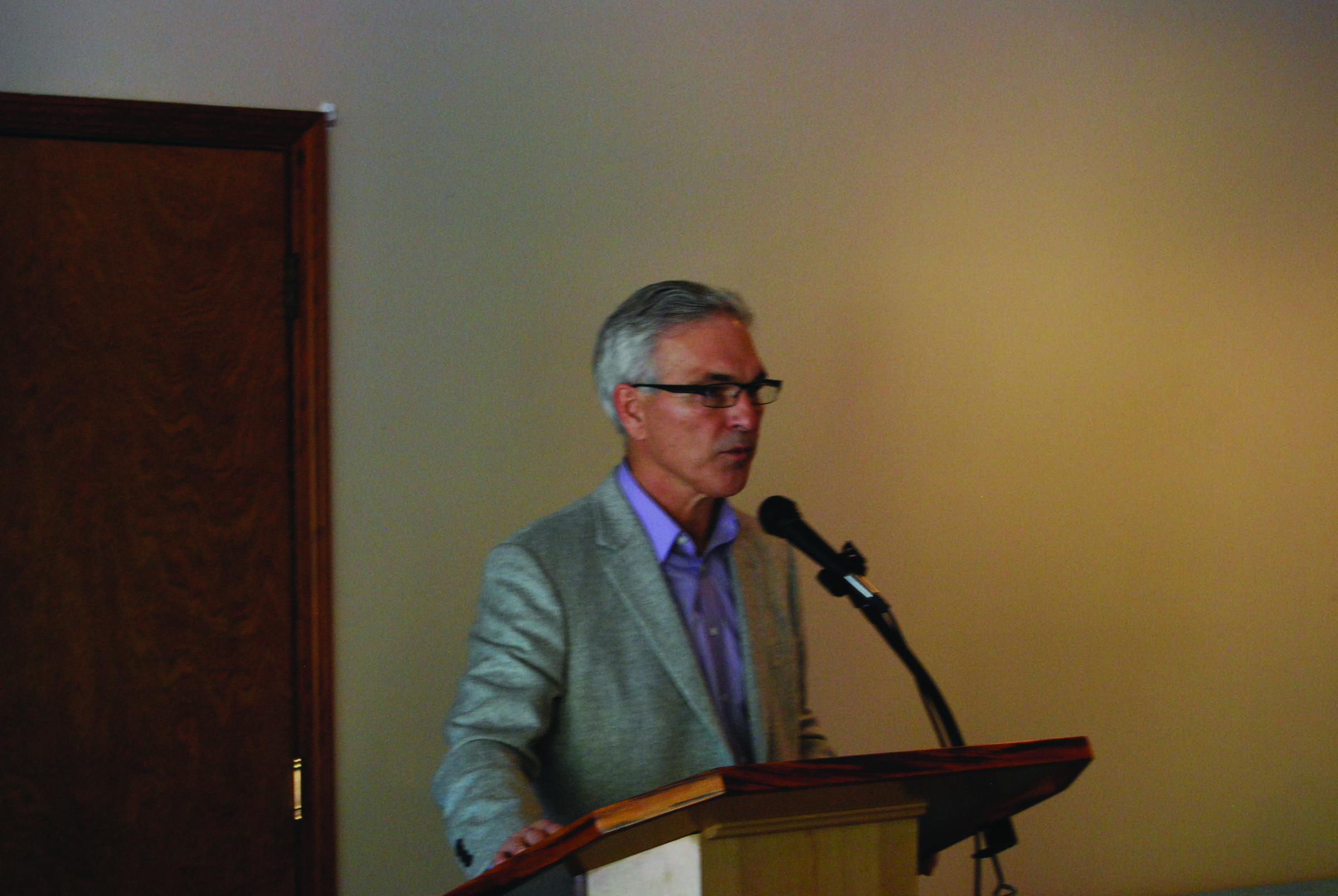 Port Townsend Schools Superintendent David Engle addresses the Jefferson County Chamber of Commerce on Monday.  -- Photo by Charlie Bermant/Peninsula Daily News
