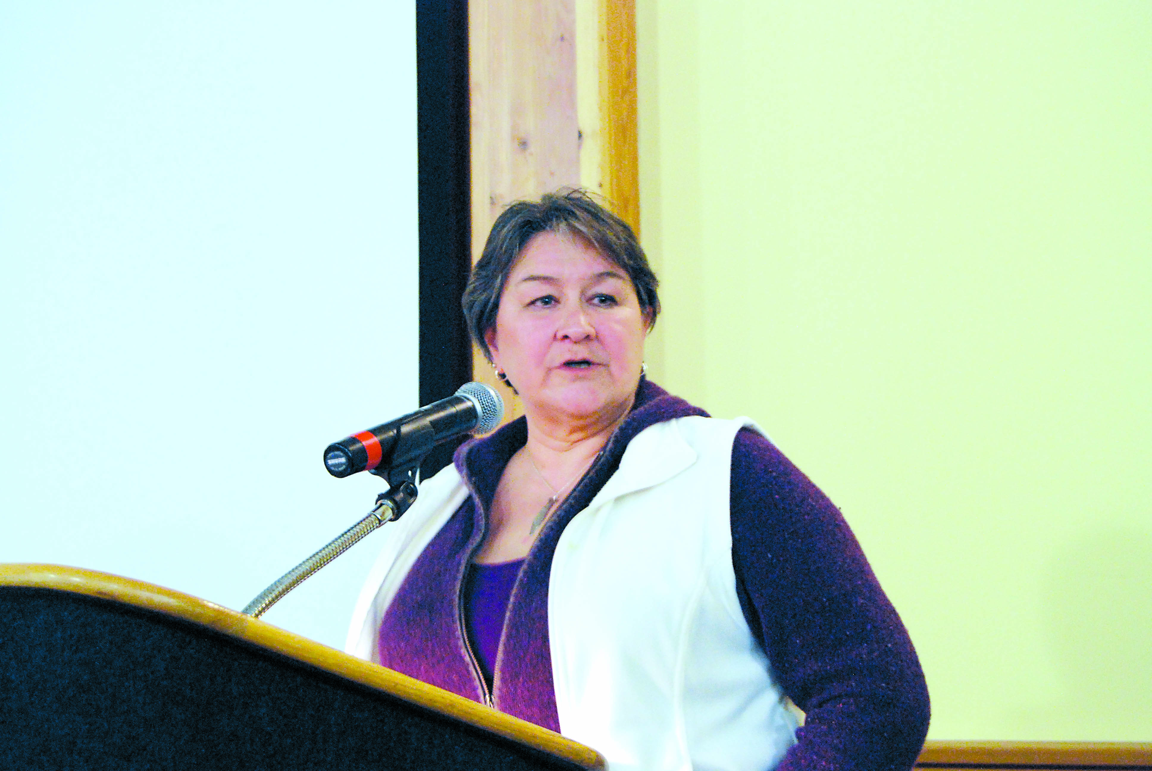 Terri McCulloch speaks in opposition of the co-management agreement between the public development authority and the state Parks and Recreation Commission. Charlie Bermant/Peninsula Daily News