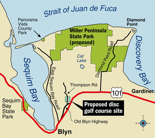 A map shows where the proposed disc golf course will sit on Thompson Road in Blyn. — Keith Thorpe/Peninsula Daily News