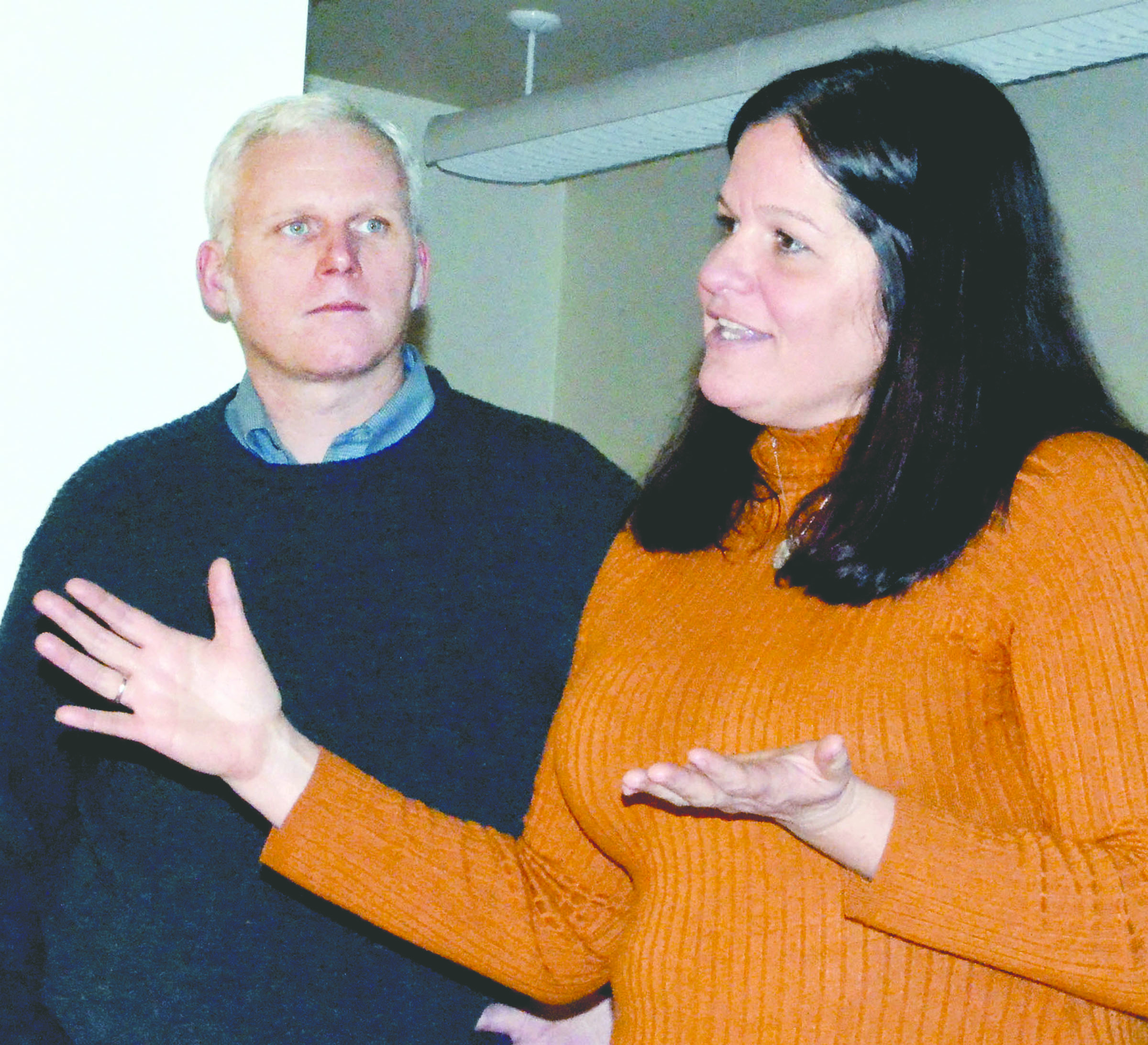 Washington Toxics Coalition Executive Director Laurie Valeriano speaks about upcoming legislation to a group at the Port Townsend Community Center as Rep. Kevin Van De Wege listens.  — Photo by Charlie Bermant/Peninsula Daily News
