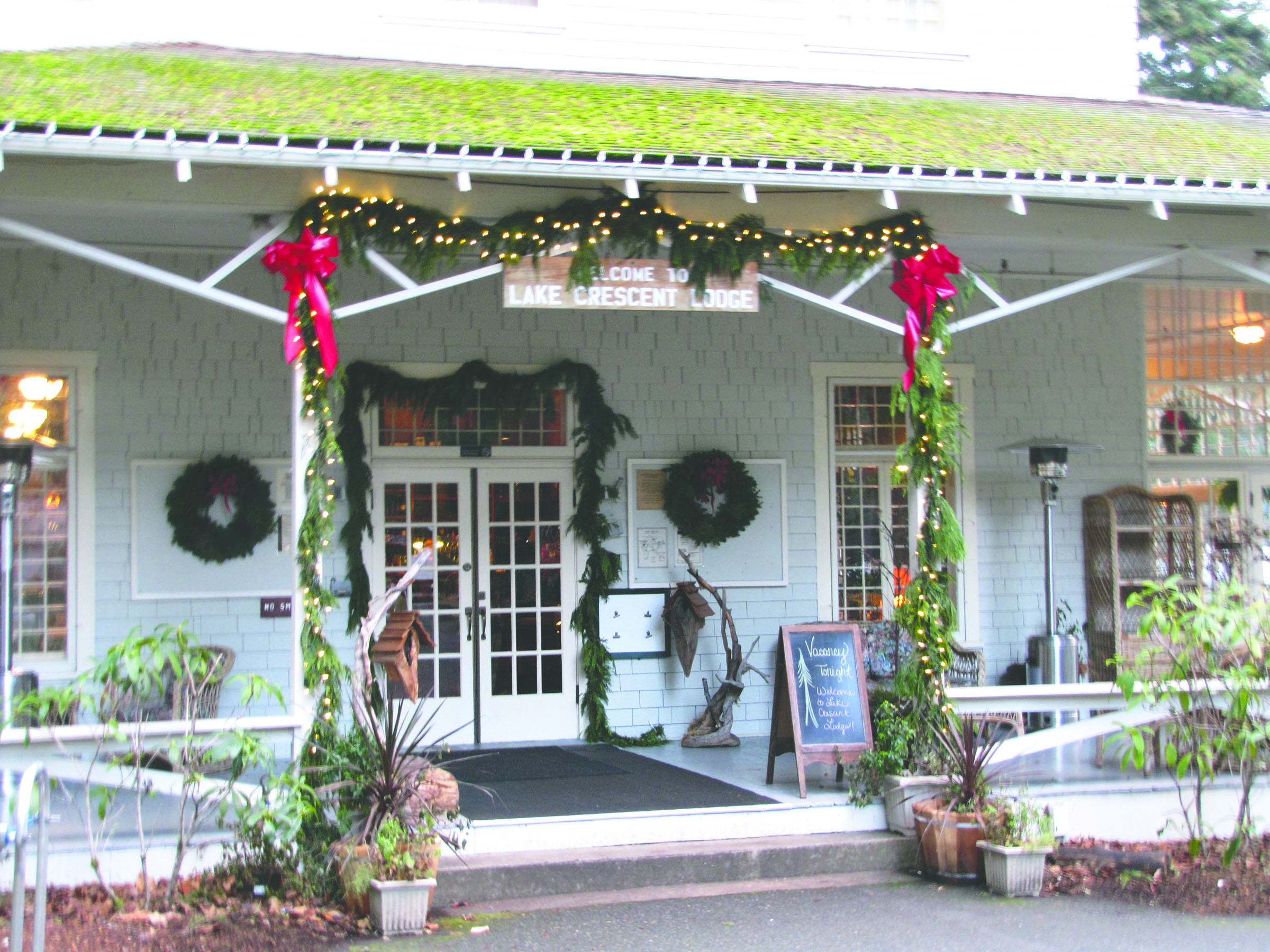 A garland greets visitors to Lake Crescent Lodge